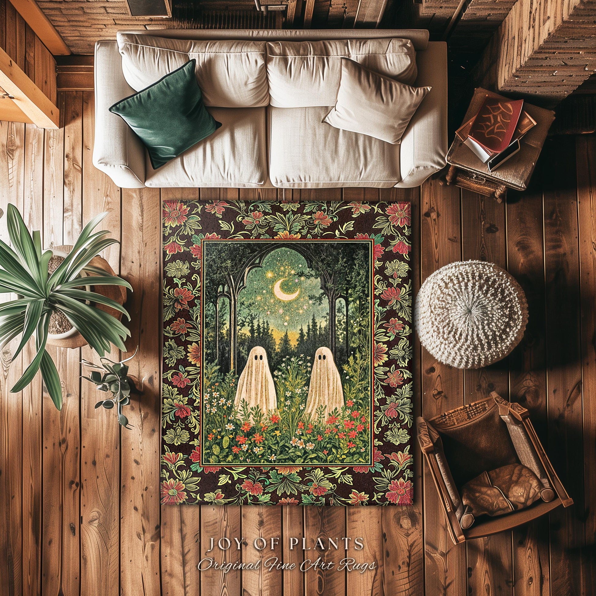 Ghost Garden Gothic Area Rug | Cottagecore Halloween Decor Crescent Moon Forest Spirit Rug Mystical Celestial Style Bedroom Witchy Accent |