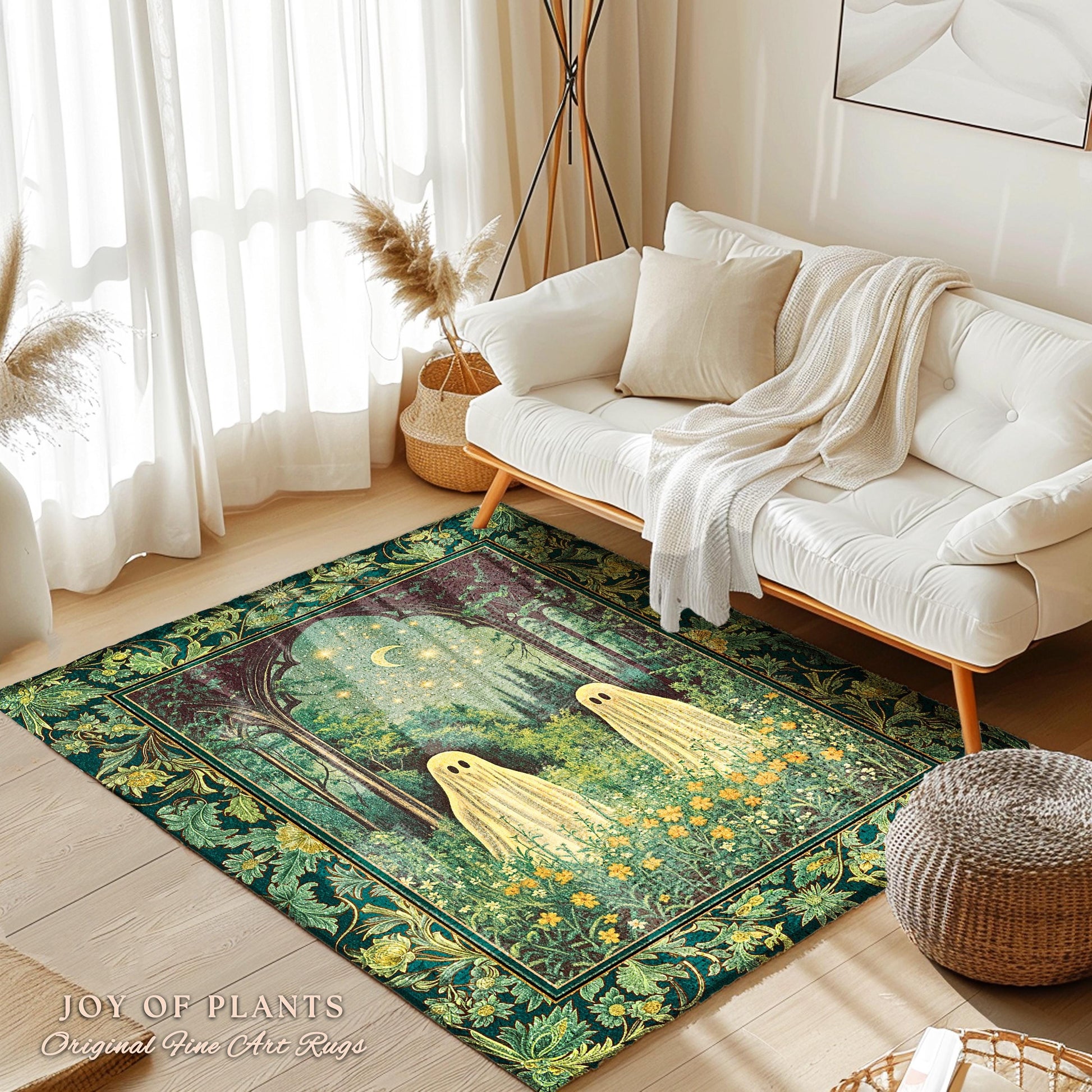 Crescent Moon Ghost Meadow Rug | Cozy Rug Pastel Gothic Fall Accent Haunted Cottage Whimsical Dark Spooky Bedroom Dreamy Tarot Style Decor