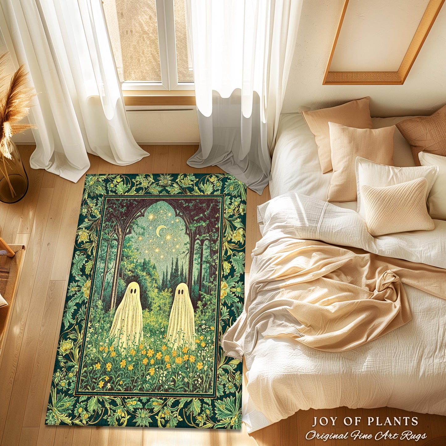 Crescent Moon Ghost Meadow Rug | Cozy Rug Pastel Gothic Fall Accent Haunted Cottage Whimsical Dark Spooky Bedroom Dreamy Tarot Style Decor