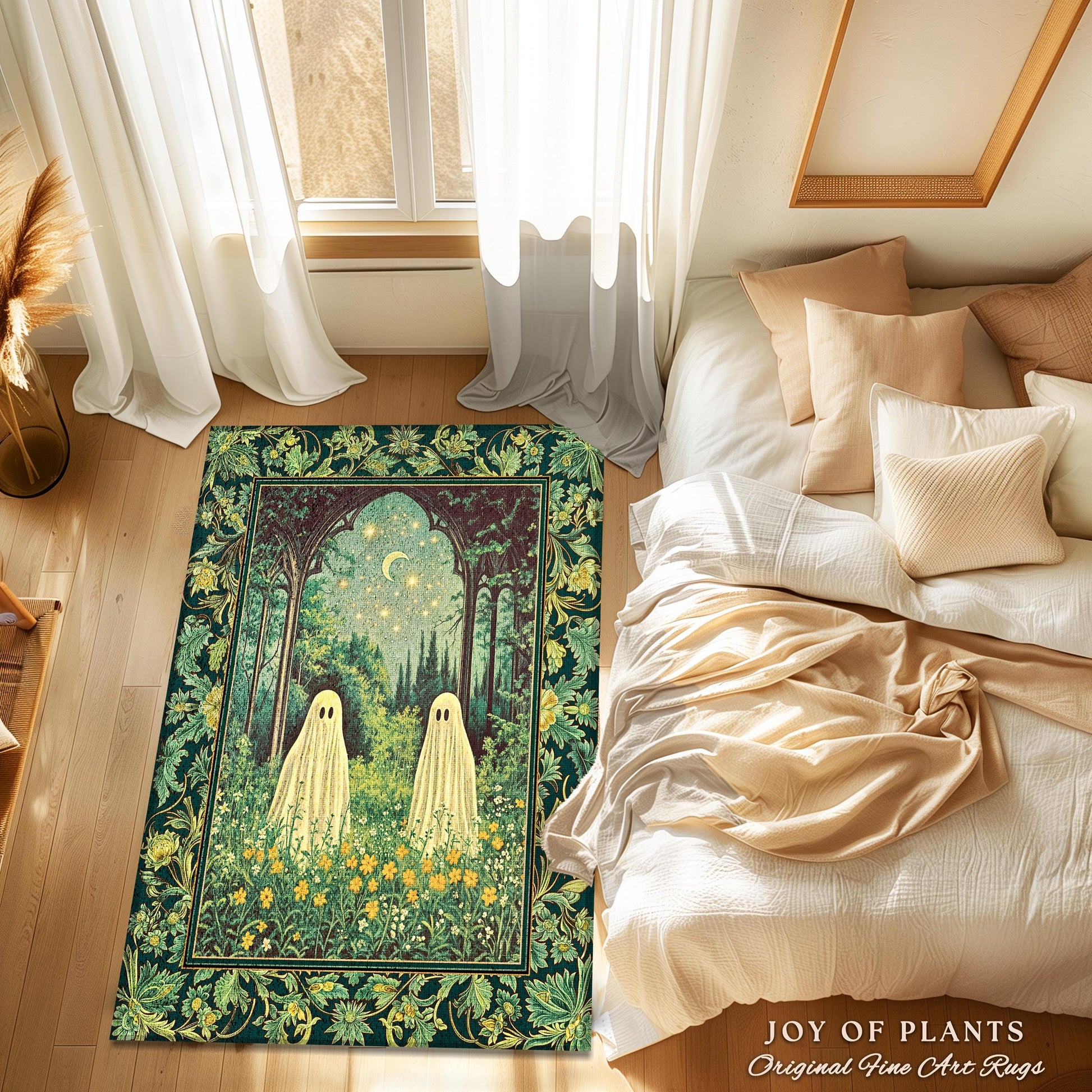 Crescent Moon Ghost Meadow Rug | Cozy Rug Pastel Gothic Fall Accent Haunted Cottage Whimsical Dark Spooky Bedroom Dreamy Tarot Style Decor