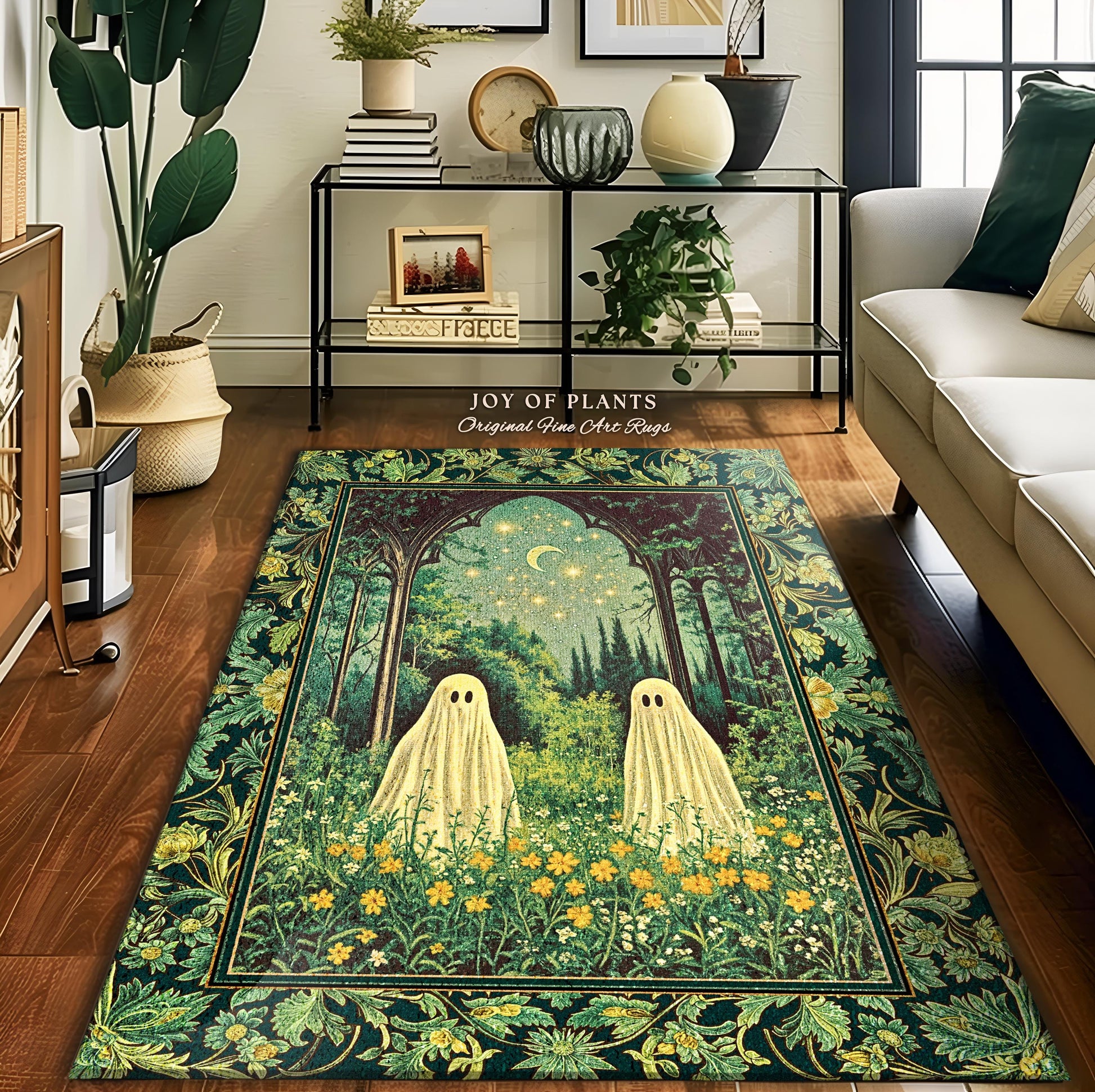 Crescent Moon Ghost Meadow Rug | Cozy Rug Pastel Gothic Fall Accent Haunted Cottage Whimsical Dark Spooky Bedroom Dreamy Tarot Style Decor