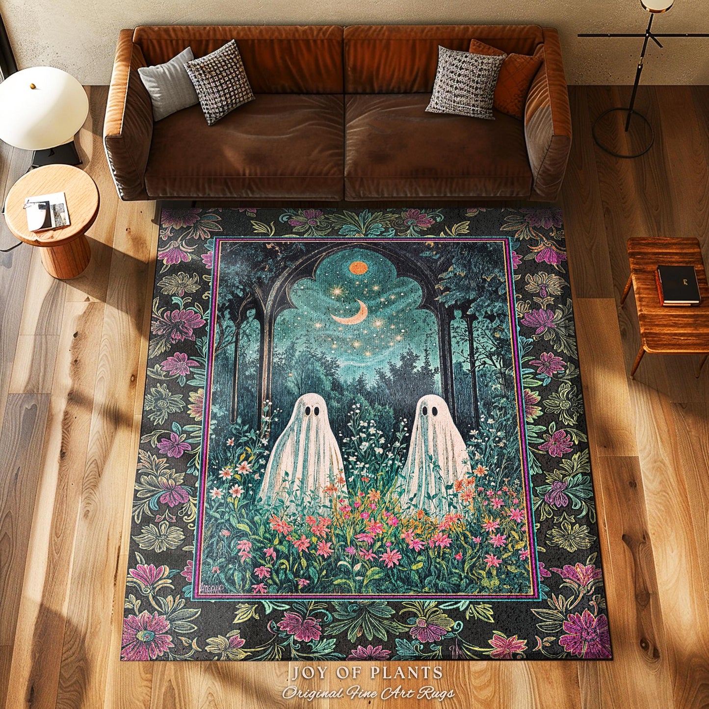 Moonlight Meadow Ghost Friends Rug | Floral Garden Cozy Rug Feral Cottage Accent Ghost Gathering Celestial Dreamy Autumn Whimsy Aesthetic |