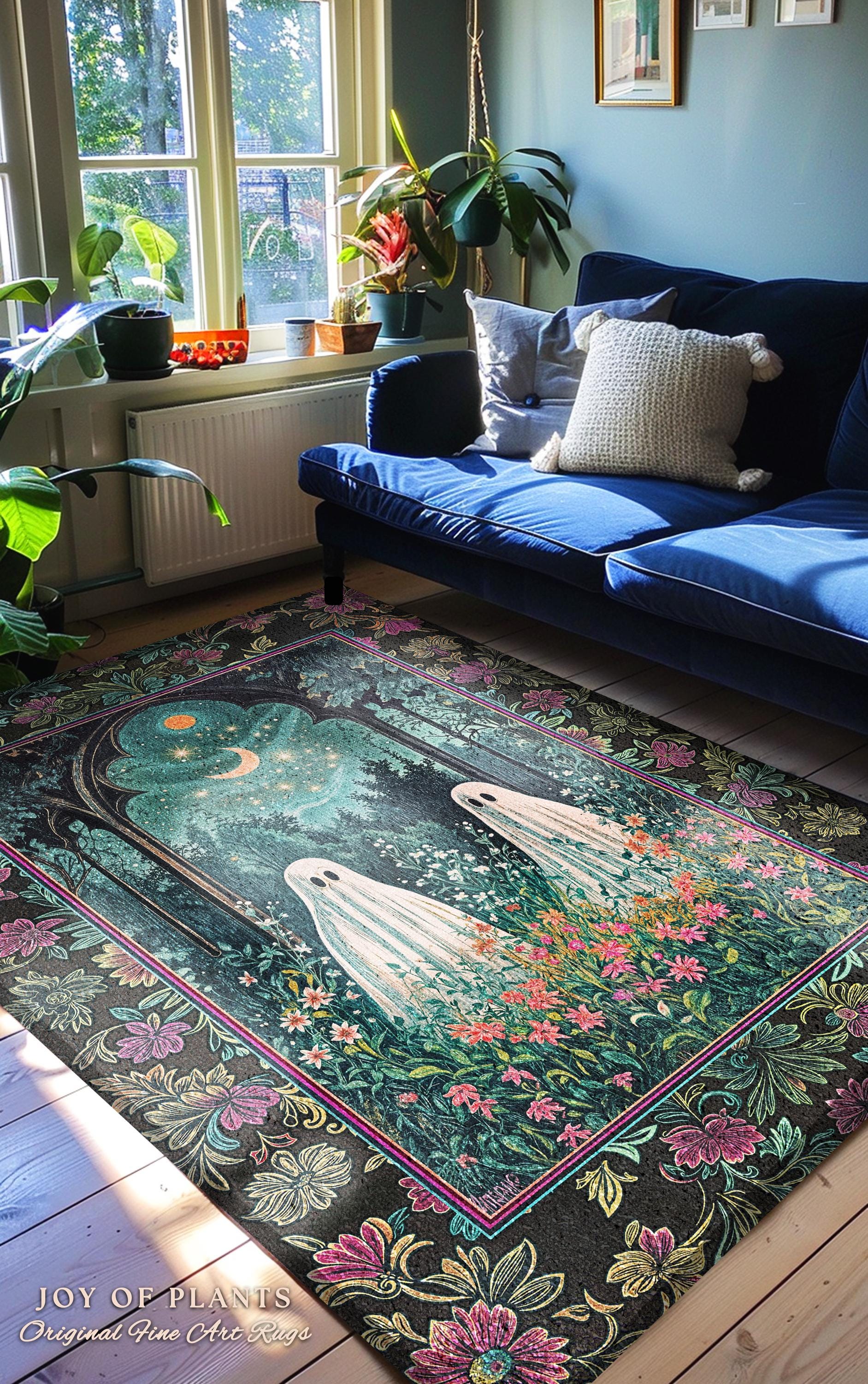 Moonlight Meadow Ghost Friends Rug | Floral Garden Cozy Rug Feral Cottage Accent Ghost Gathering Celestial Dreamy Autumn Whimsy Aesthetic |