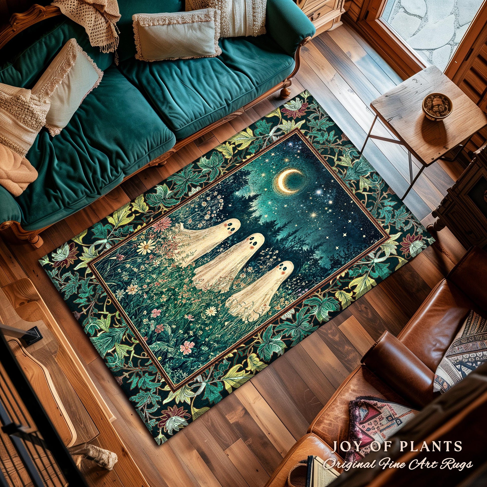 Whimsical Ghosts Wildflower Forest Rug | Dark Academia Whimsigothic Accent Rug Cozy Aesthetic Cottage Pastel Celestial Moonlit Floral Spirit