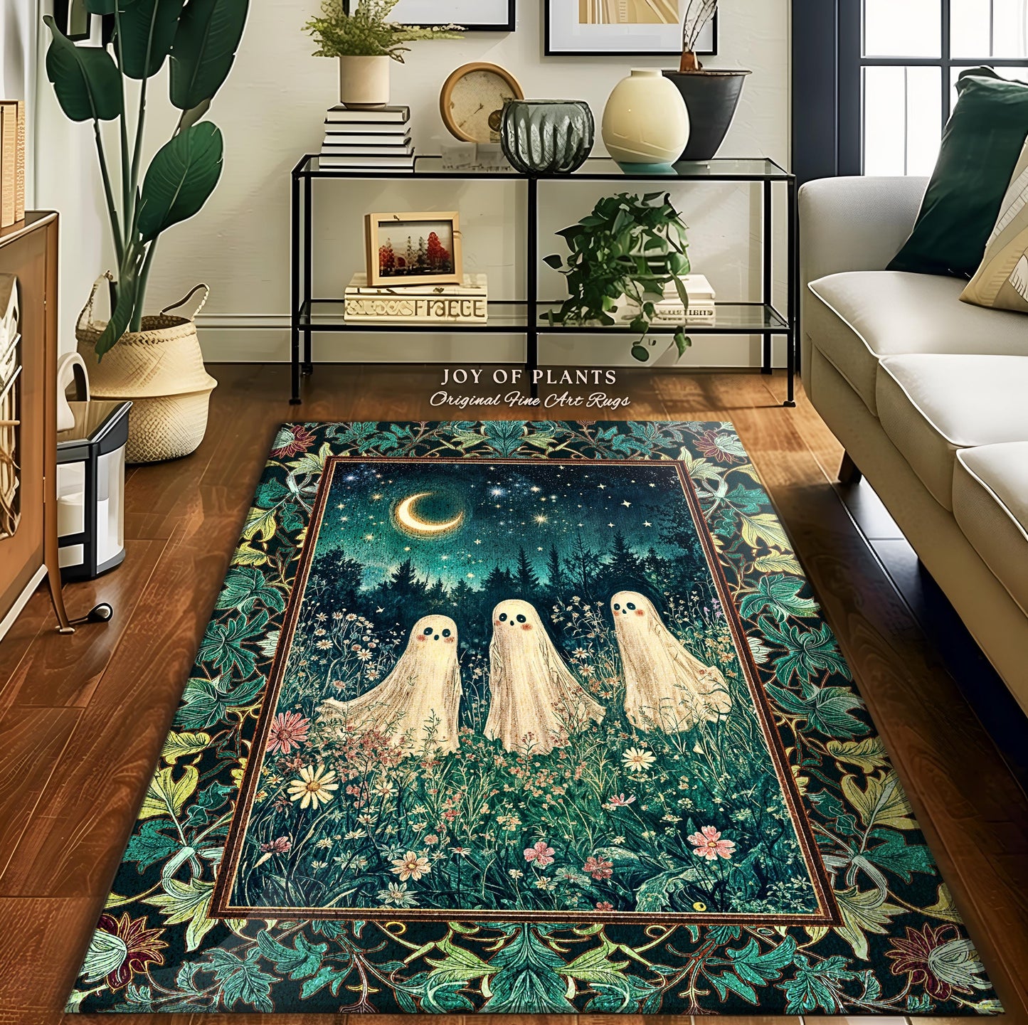Whimsical Ghosts Wildflower Forest Rug | Dark Academia Whimsigothic Accent Rug Cozy Aesthetic Cottage Pastel Celestial Moonlit Floral Spirit