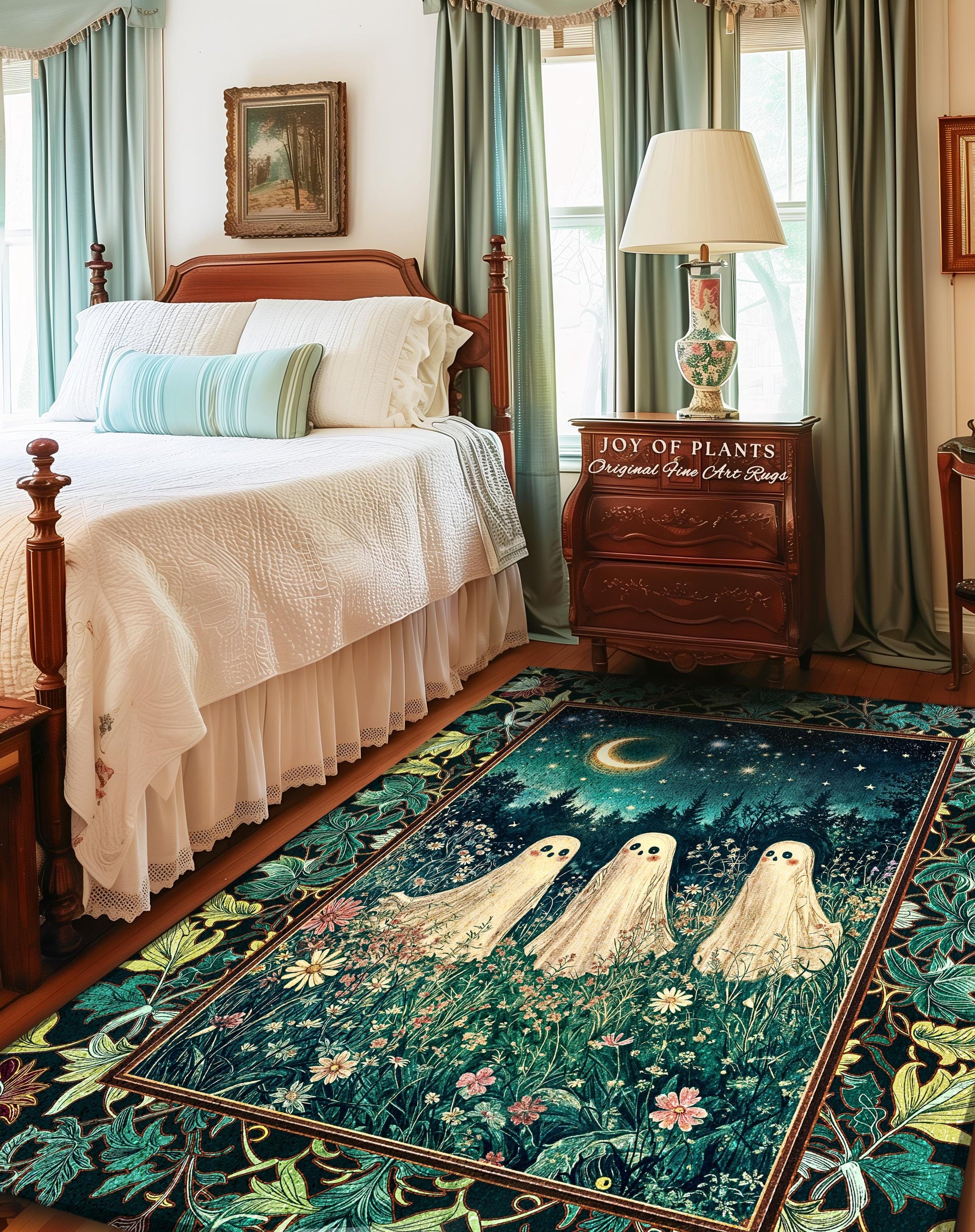 Whimsical Ghosts Wildflower Forest Rug | Dark Academia Whimsigothic Accent Rug Cozy Aesthetic Cottage Pastel Celestial Moonlit Floral Spirit
