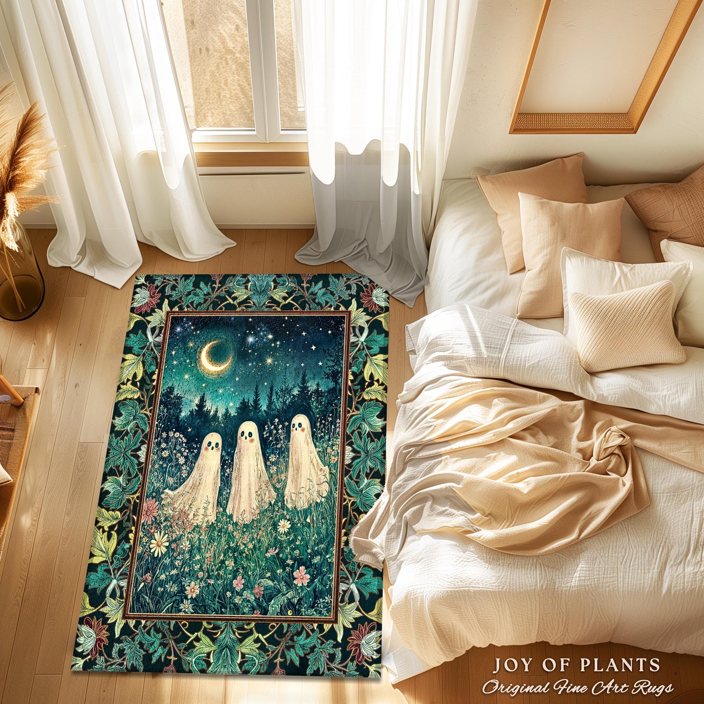 Whimsical Ghosts Wildflower Forest Rug | Dark Academia Whimsigothic Accent Rug Cozy Aesthetic Cottage Pastel Celestial Moonlit Floral Spirit