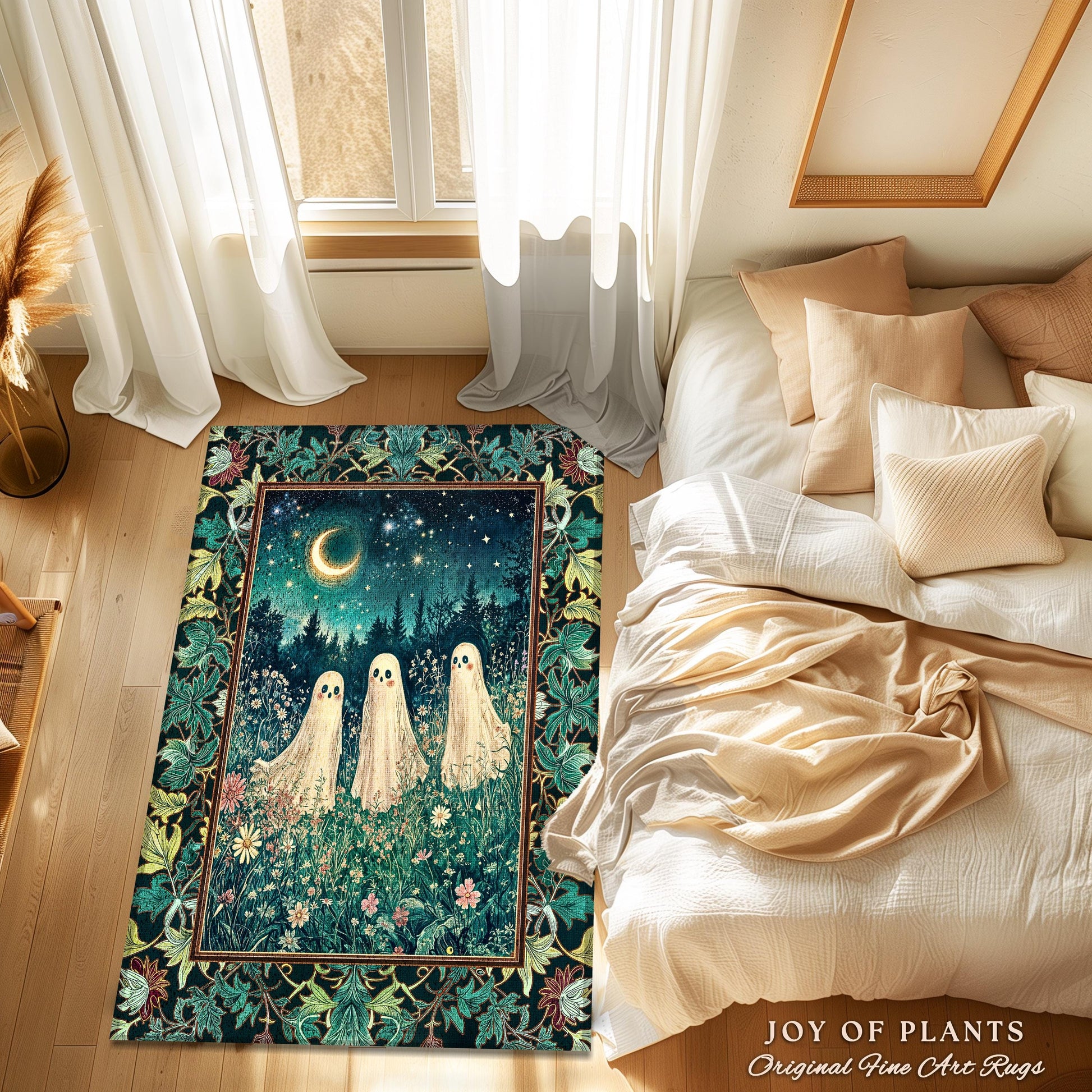 Whimsical Ghosts Wildflower Forest Rug | Dark Academia Whimsigothic Accent Rug Cozy Aesthetic Cottage Pastel Celestial Moonlit Floral Spirit
