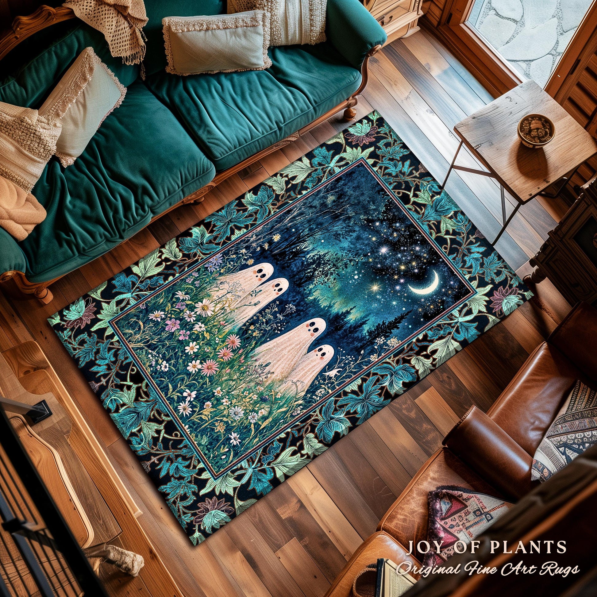 Wandering Spirits Moonrise Meadow Rug | Cozy Whimsical Ghostly Ambience Dark Cottagecore Floral Dream Starry Decor Soft Gothic Celestial |