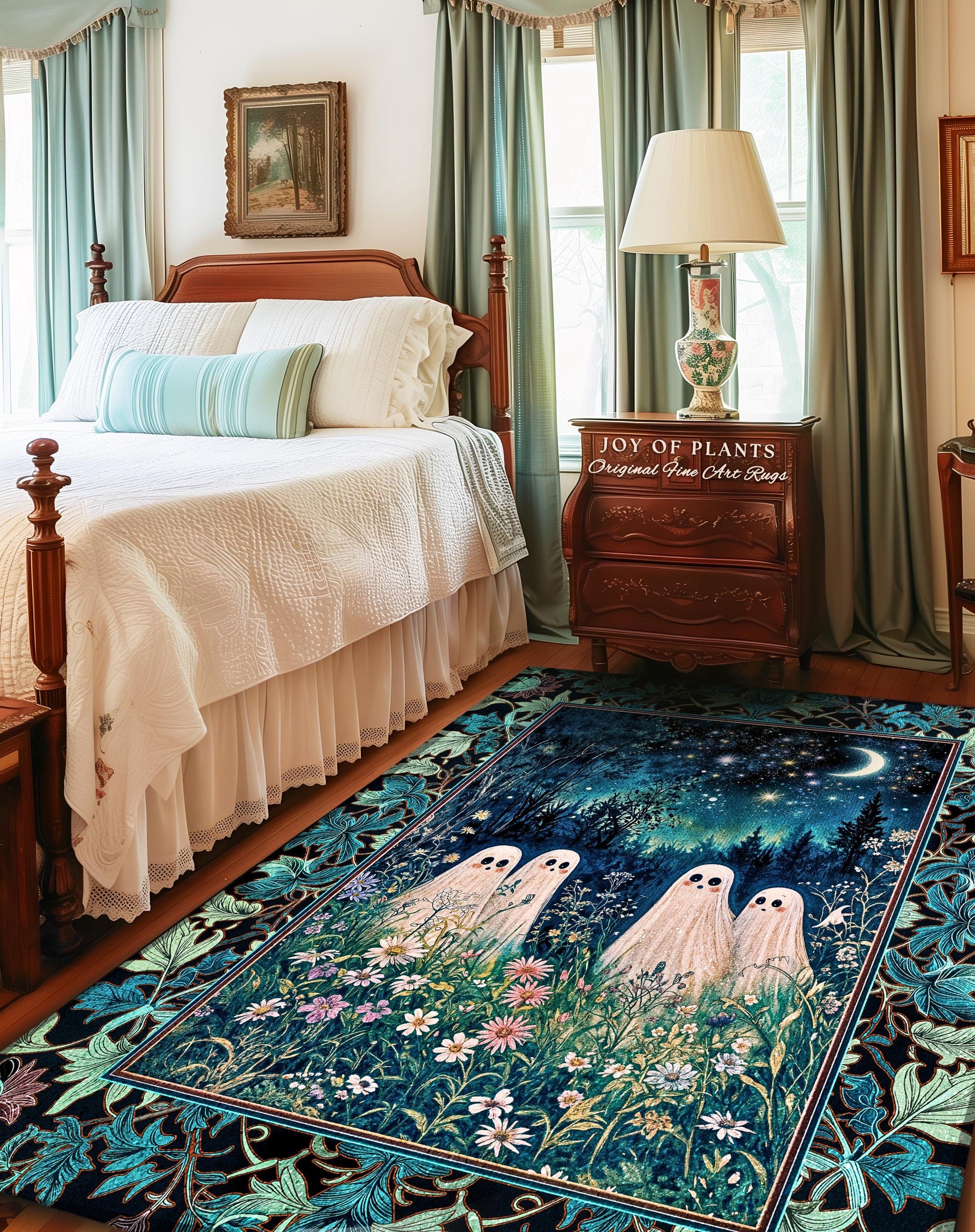 Wandering Spirits Moonrise Meadow Rug | Cozy Whimsical Ghostly Ambience Dark Cottagecore Floral Dream Starry Decor Soft Gothic Celestial |