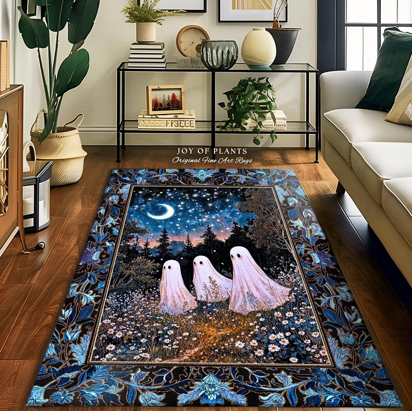 Celestial Spirits Moonlit Forest Area Rug | Ghost Lover Bedroom Rug Pastel Purple Cottagecore Style Haunted Aesthetic Spooky Spirit Decor |
