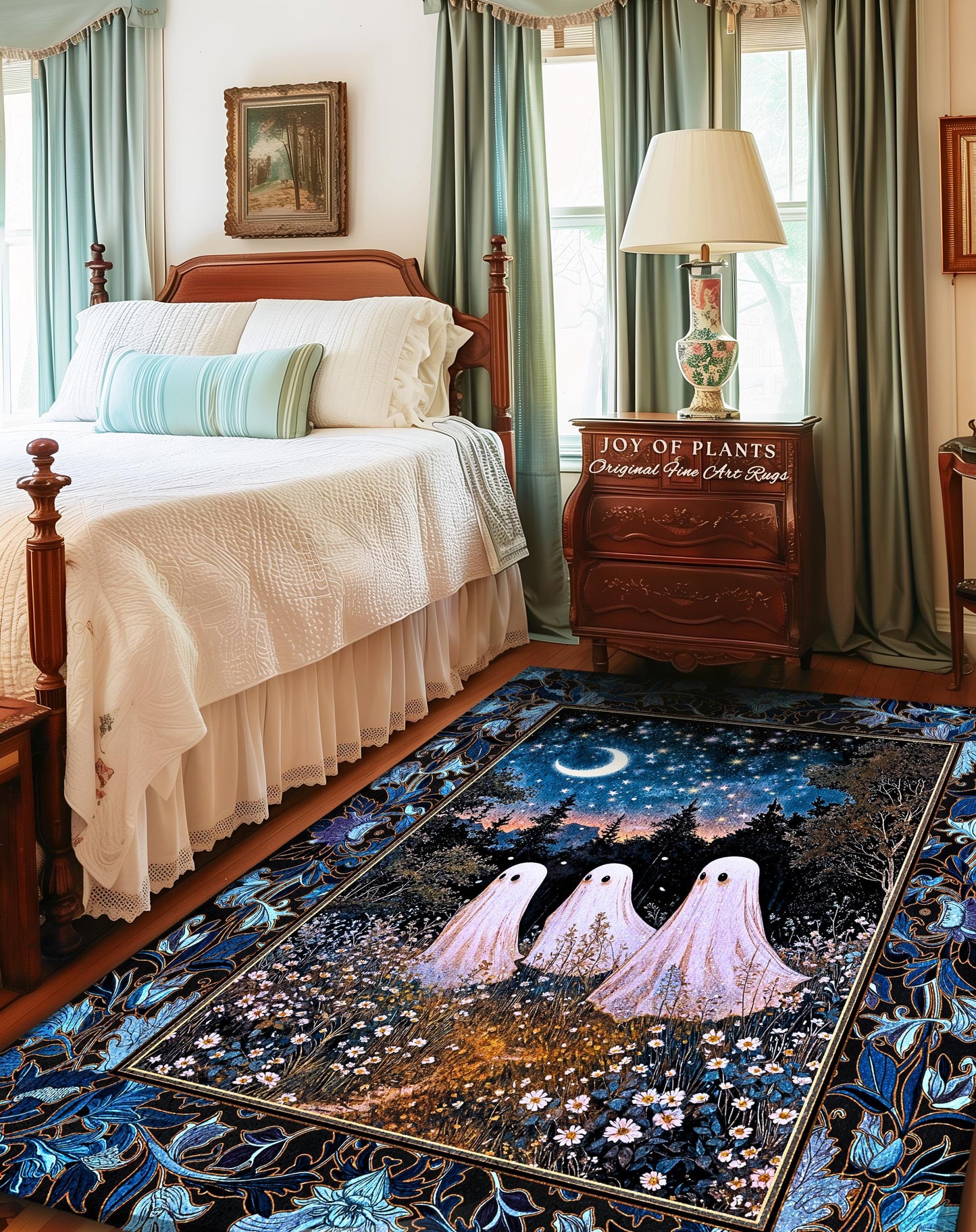 Celestial Spirits Moonlit Forest Area Rug | Ghost Lover Bedroom Rug Pastel Purple Cottagecore Style Haunted Aesthetic Spooky Spirit Decor |