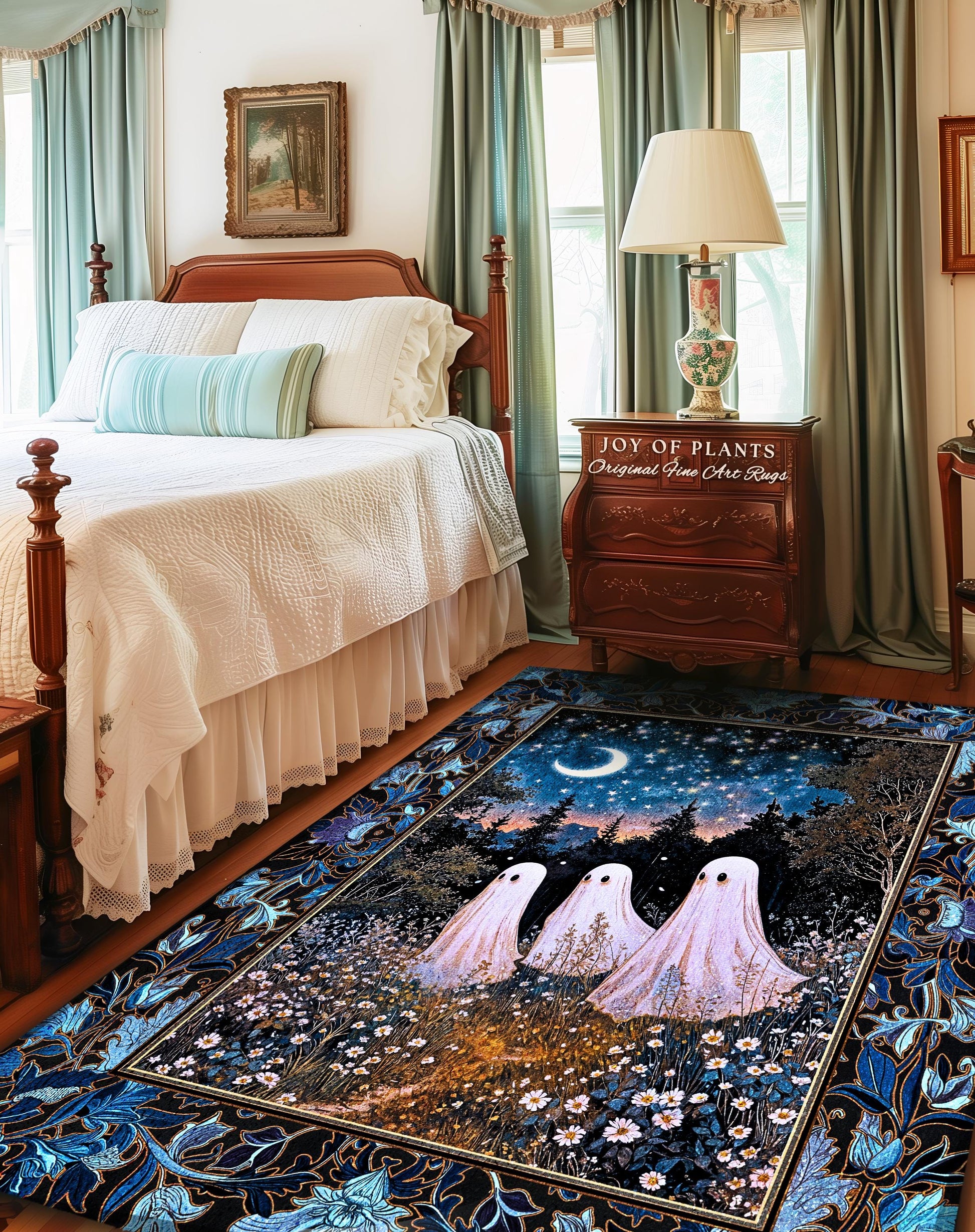 Celestial Spirits Moonlit Forest Area Rug | Ghost Lover Bedroom Rug Pastel Purple Cottagecore Style Haunted Aesthetic Spooky Spirit Decor |