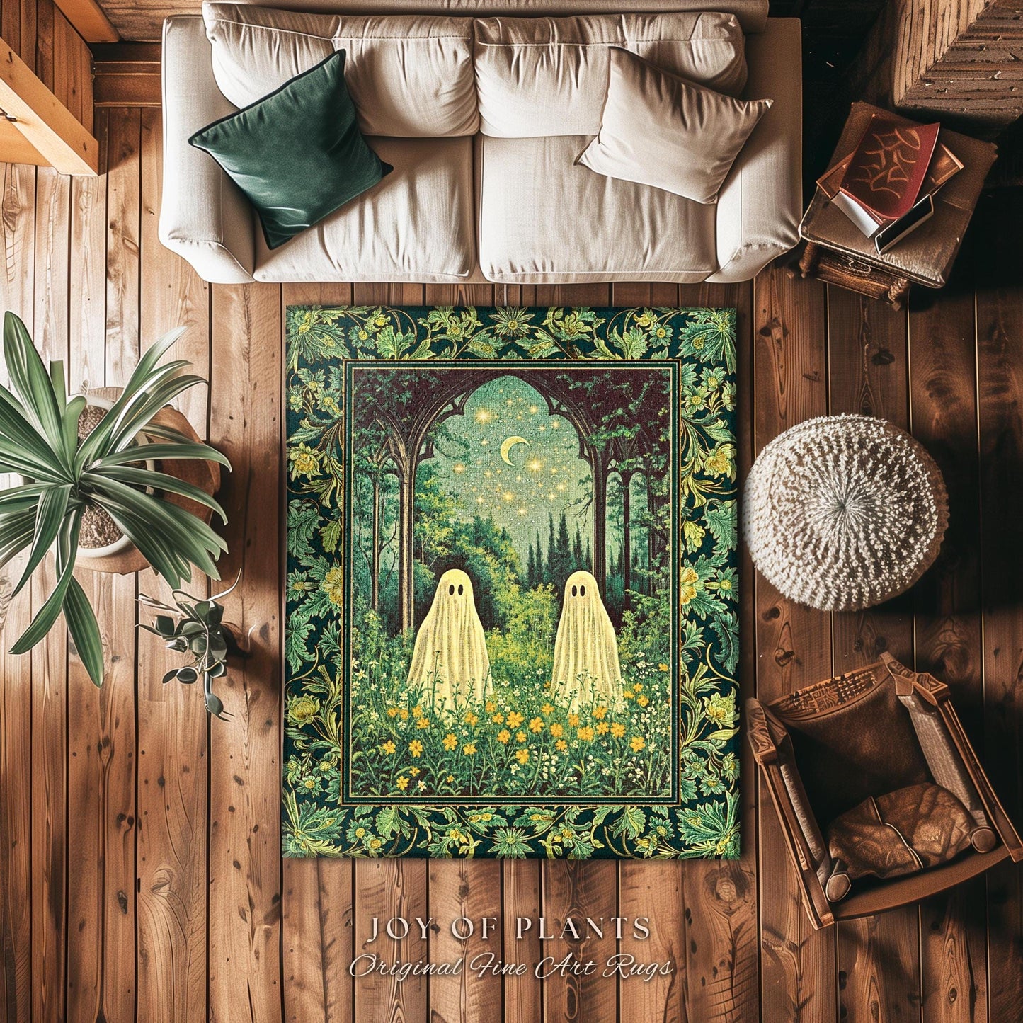 Crescent Moon Ghost Meadow Rug | Cozy Rug Pastel Gothic Fall Accent Haunted Cottage Whimsical Dark Spooky Bedroom Dreamy Tarot Style Decor