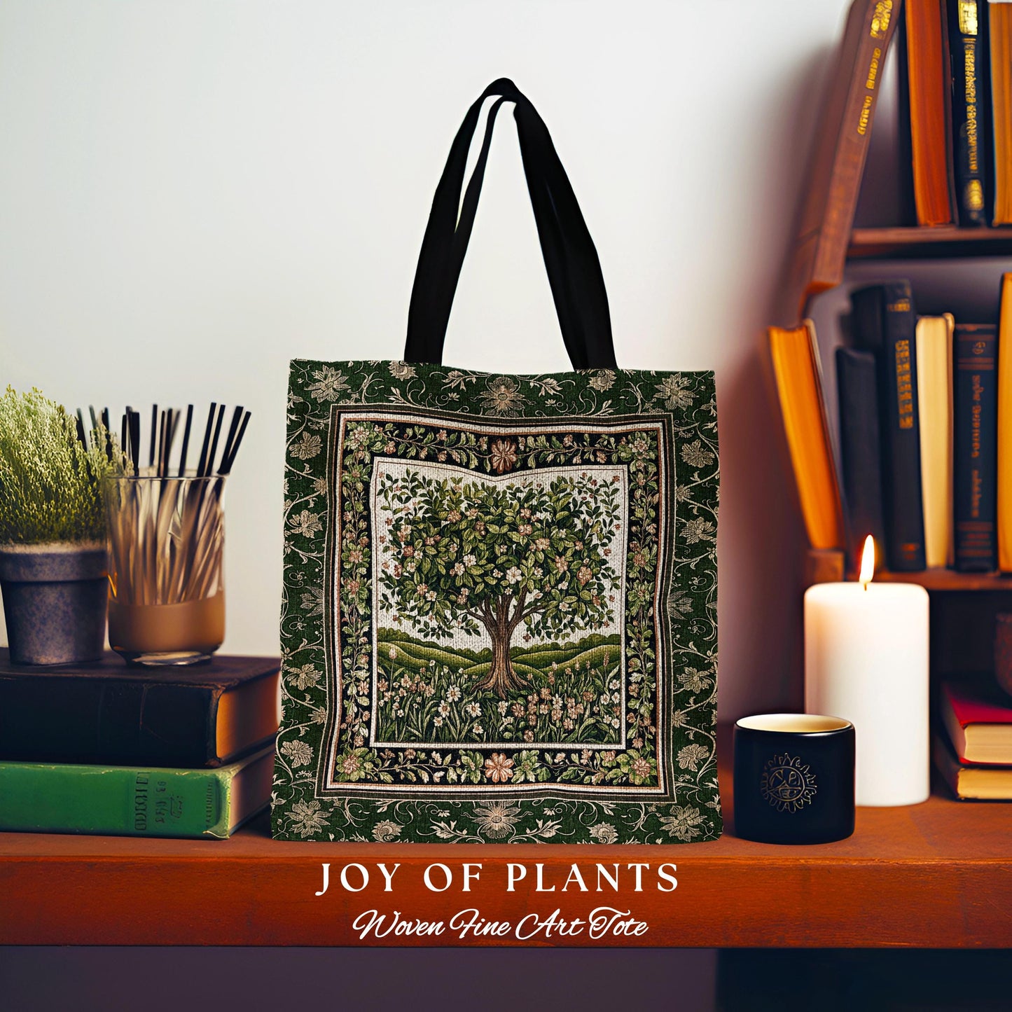 Emerald Green Floral Tree of Life Tote | Botanical Forestcore Folklore Vintage Floral Enchanted Bag Cottagecore Whimsical Natural Aesthetic