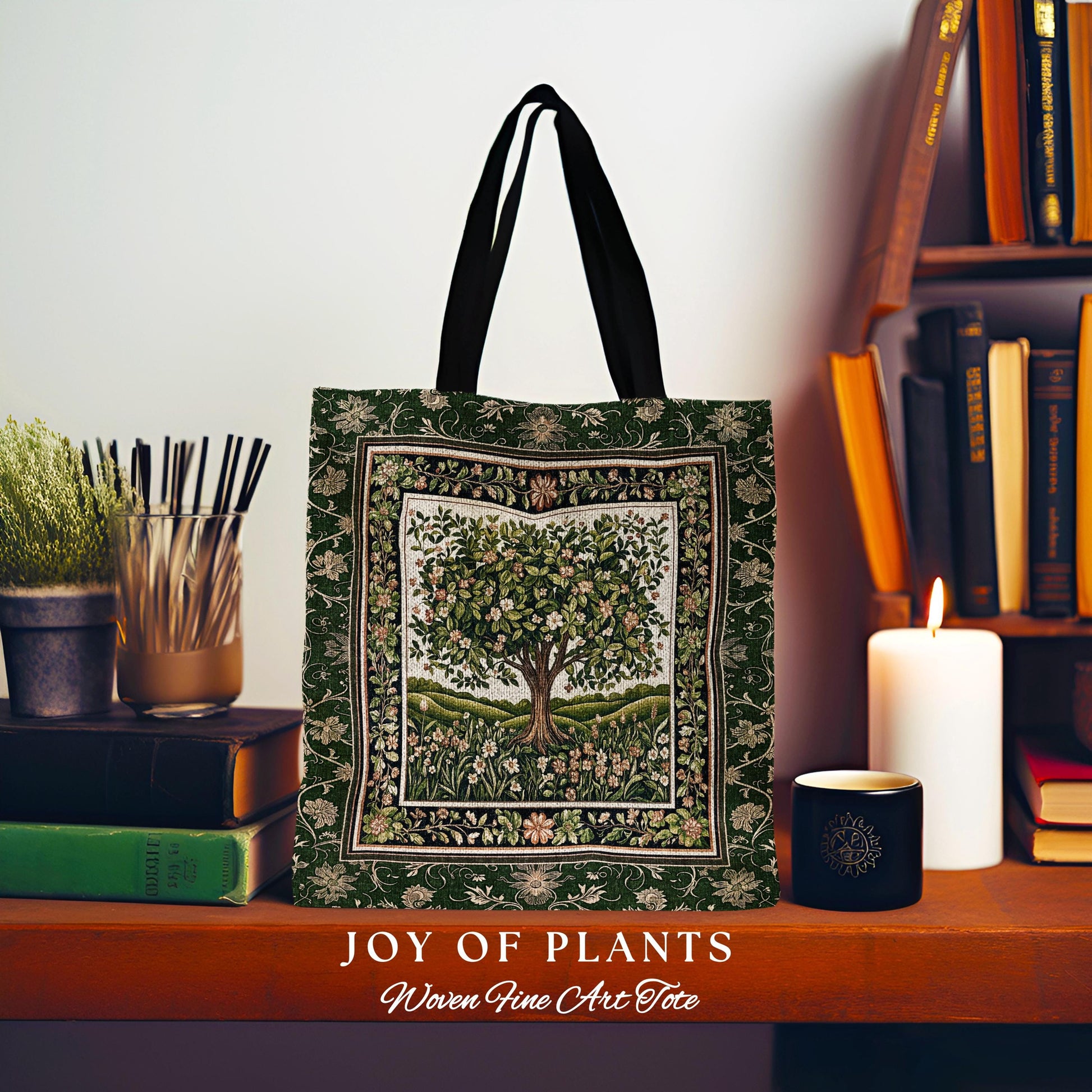 Emerald Green Floral Tree of Life Tote | Botanical Forestcore Folklore Vintage Floral Enchanted Bag Cottagecore Whimsical Natural Aesthetic