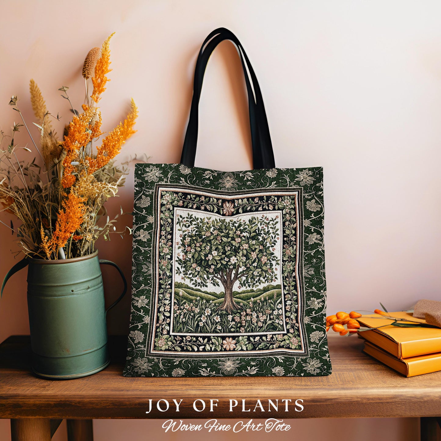 Emerald Green Floral Tree of Life Tote | Botanical Forestcore Folklore Vintage Floral Enchanted Bag Cottagecore Whimsical Natural Aesthetic
