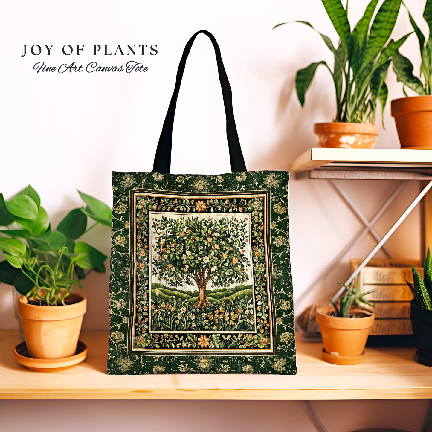 Emerald Green Floral Tree of Life Tote | Botanical Forestcore Folklore Vintage Floral Enchanted Bag Cottagecore Whimsical Natural Aesthetic