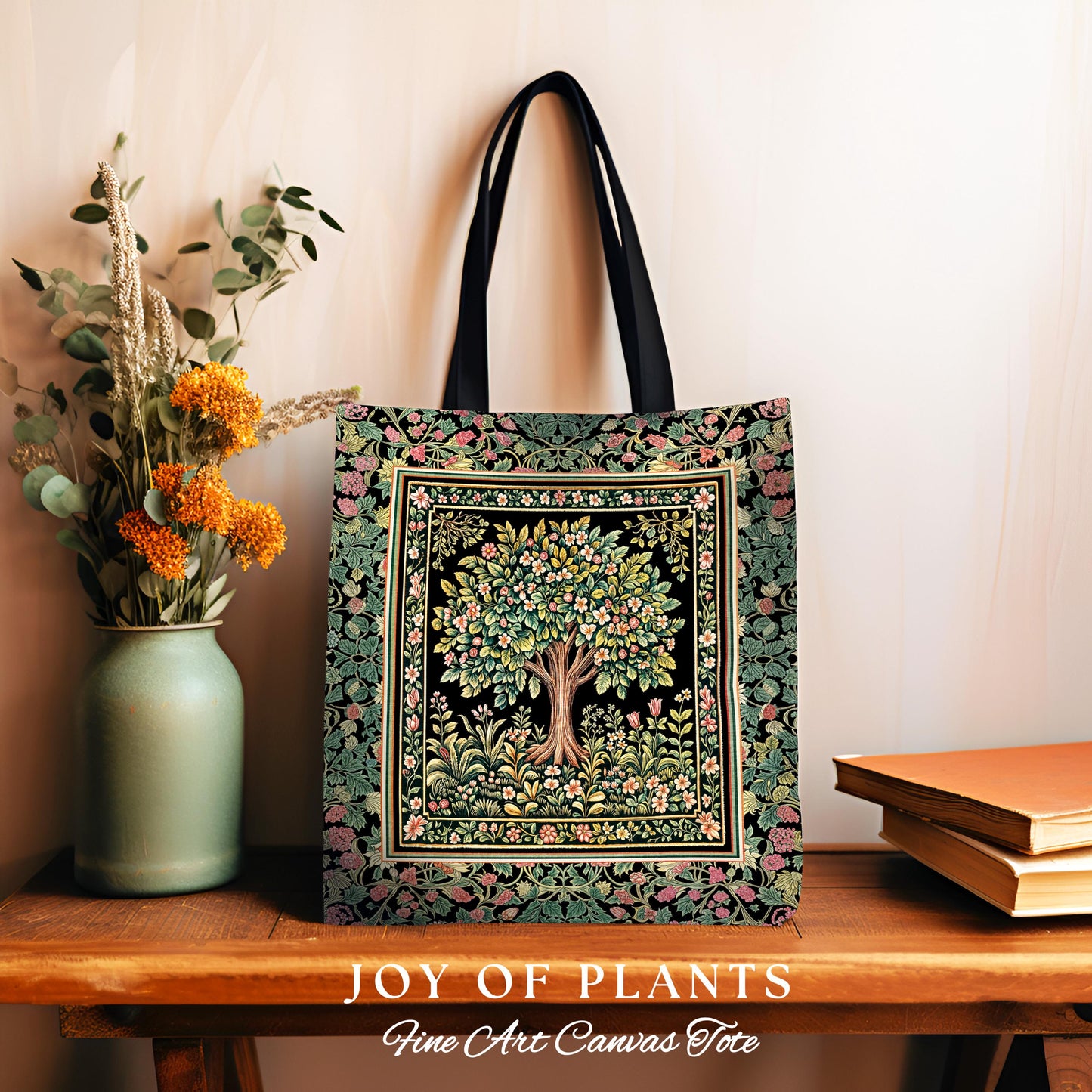 Fairy Garden Tree of Life Tote | Cottagecore Countryside Romantic Floral Landscape Whimsical Chateau Bohemian Botanical Woven Tapestry Bag |