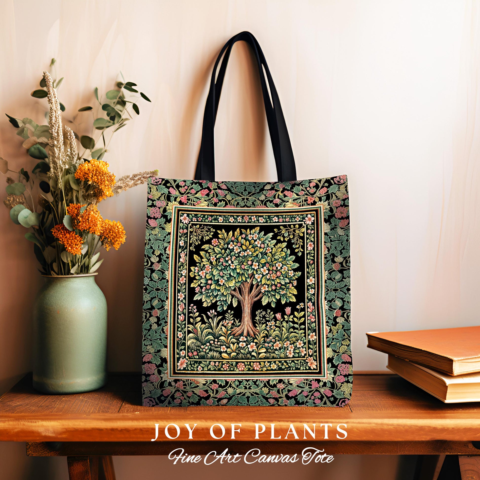 Fairy Garden Tree of Life Tote | Cottagecore Countryside Romantic Floral Landscape Whimsical Chateau Bohemian Botanical Woven Tapestry Bag |