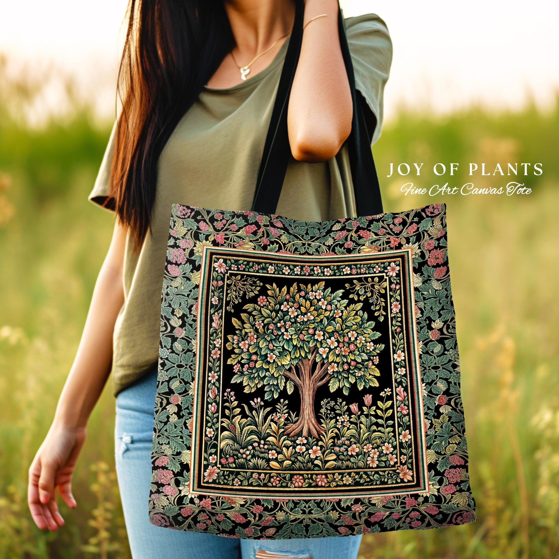 Fairy Garden Tree of Life Tote | Cottagecore Countryside Romantic Floral Landscape Whimsical Chateau Bohemian Botanical Woven Tapestry Bag |