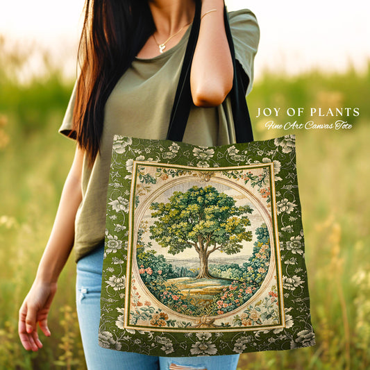 Victorian Soft Aesthetic Tree of Life Bag | Romantic Botanical Regency Decor Floral Enchanted Forest Green Tones Cottagecore Tapestry Tote |