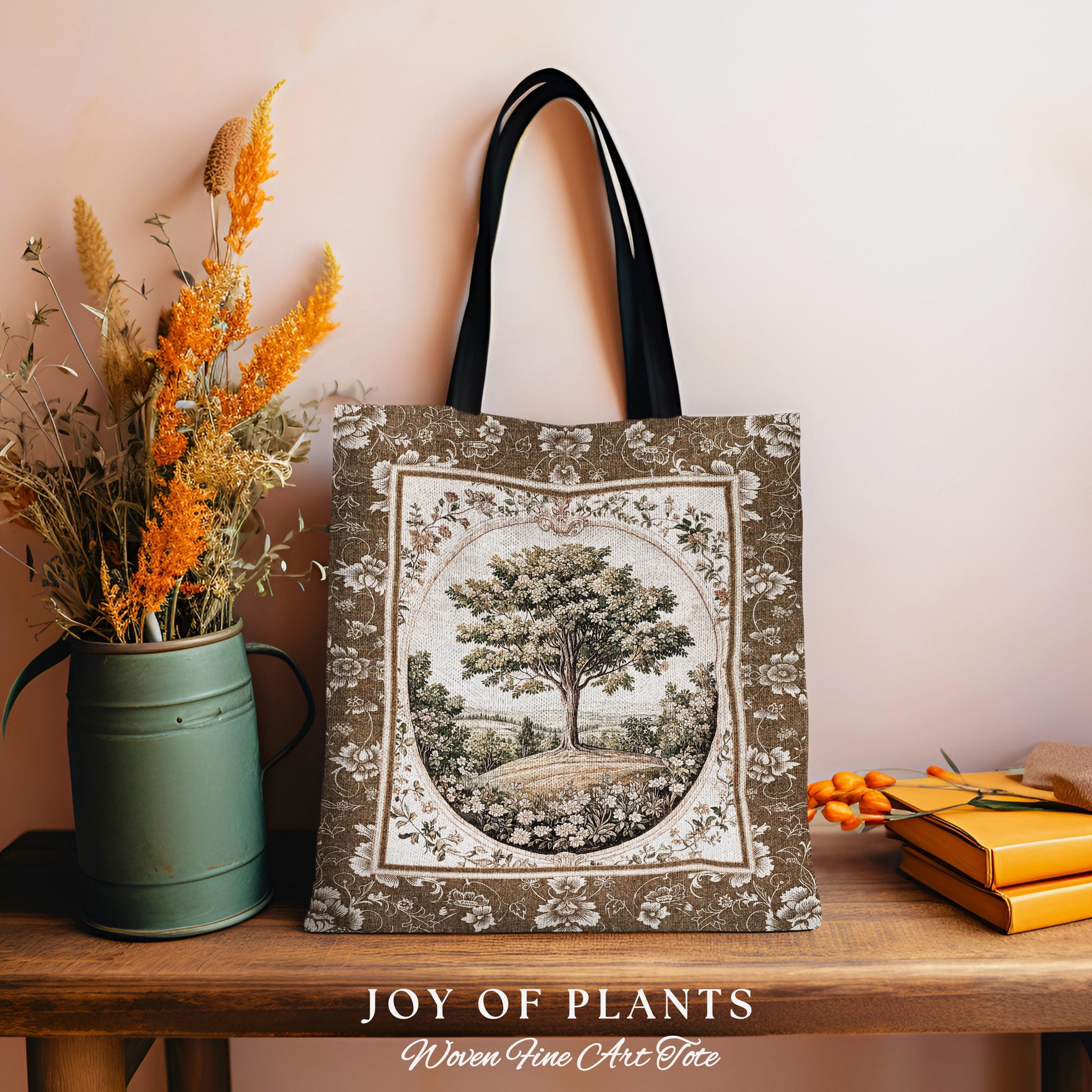 French Countryside Botanical Tree Tote | Victorian Garden Accent Romantic Country Woven Tapestry Bag Floral Pastoral Scene Antique Aesthetic