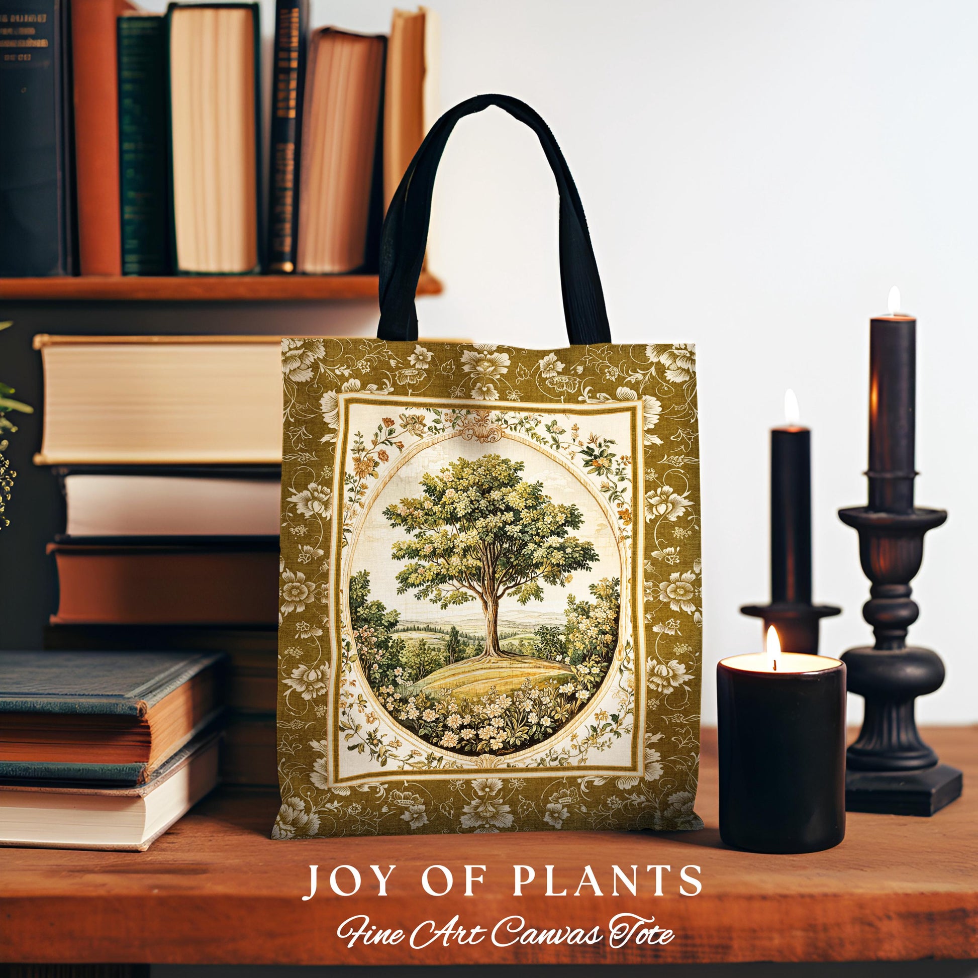 French Countryside Botanical Tree Tote | Victorian Garden Accent Romantic Country Woven Tapestry Bag Floral Pastoral Scene Antique Aesthetic