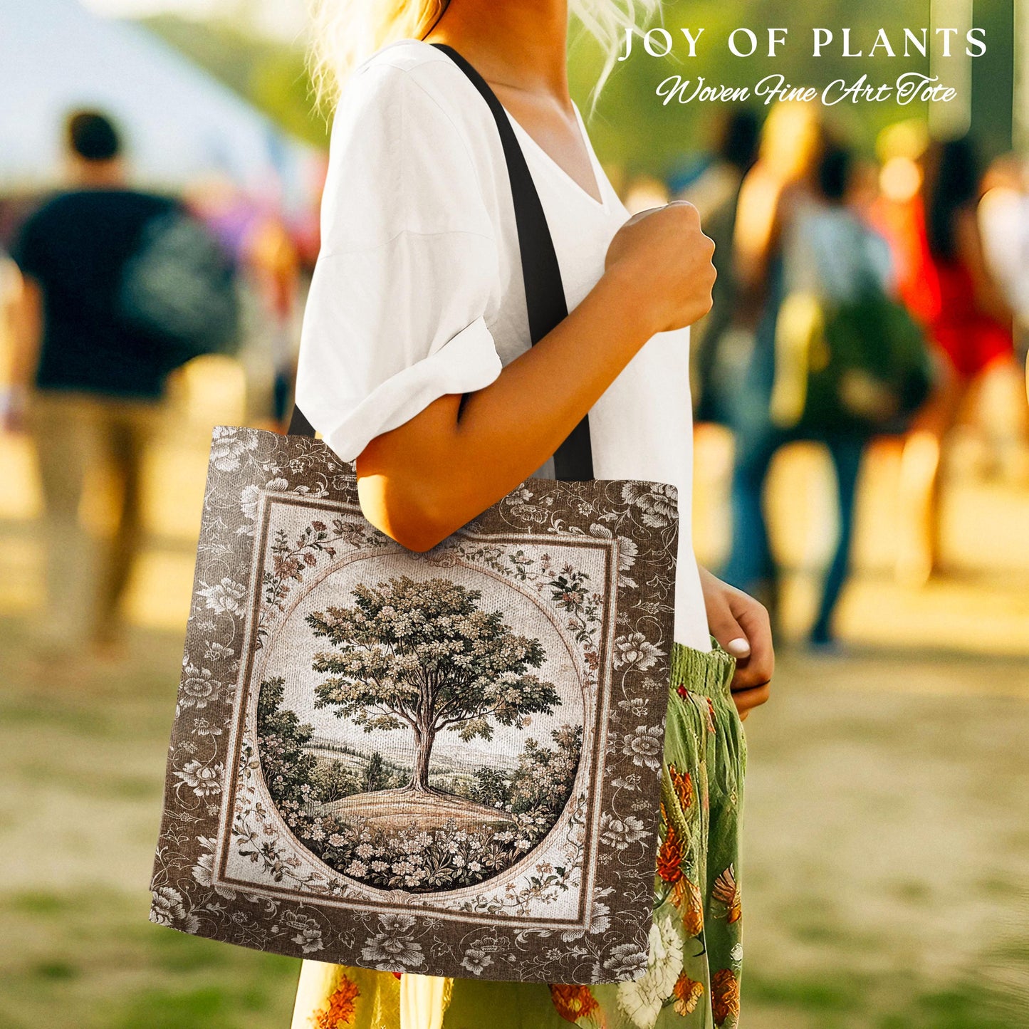 French Countryside Botanical Tree Tote | Victorian Garden Accent Romantic Country Woven Tapestry Bag Floral Pastoral Scene Antique Aesthetic