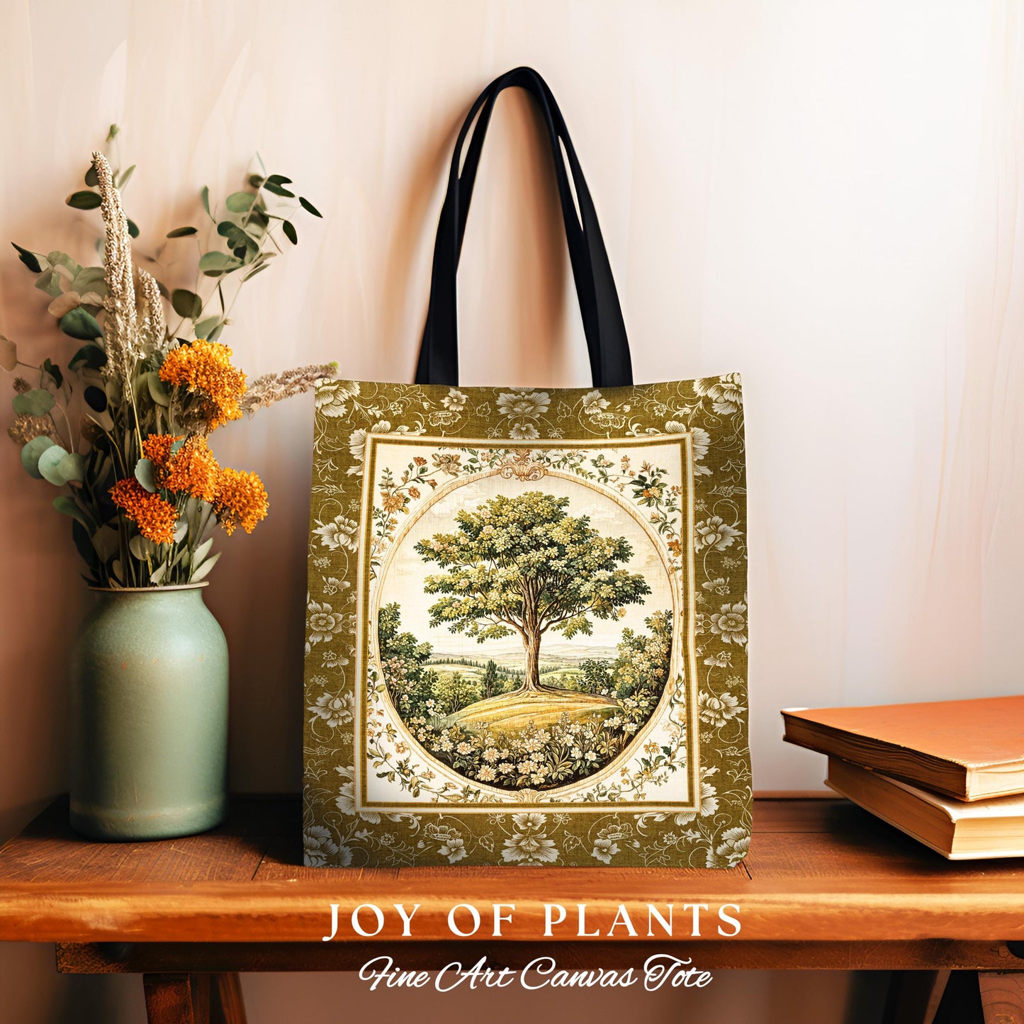 French Countryside Botanical Tree Tote | Victorian Garden Accent Romantic Country Woven Tapestry Bag Floral Pastoral Scene Antique Aesthetic