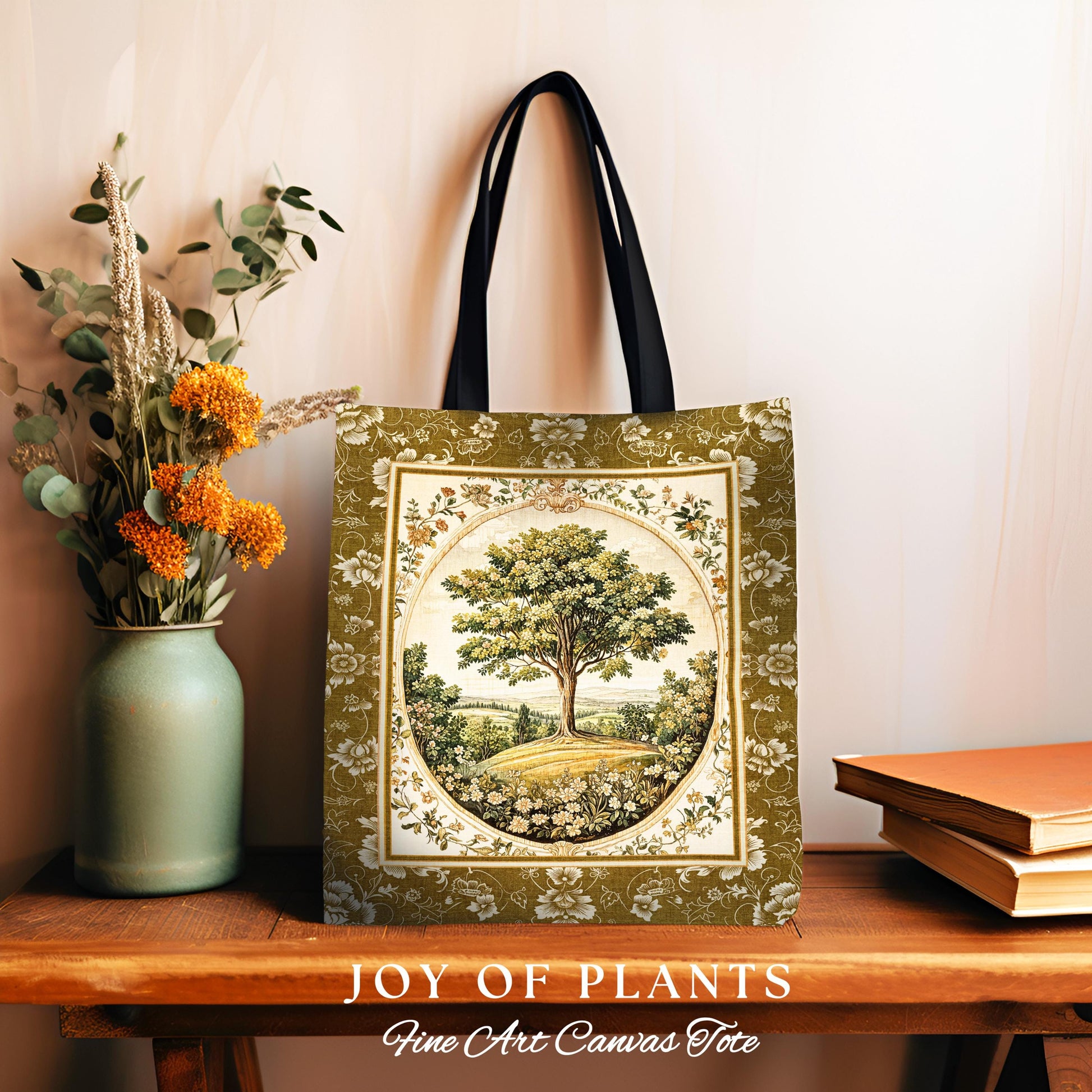 French Countryside Botanical Tree Tote | Victorian Garden Accent Romantic Country Woven Tapestry Bag Floral Pastoral Scene Antique Aesthetic