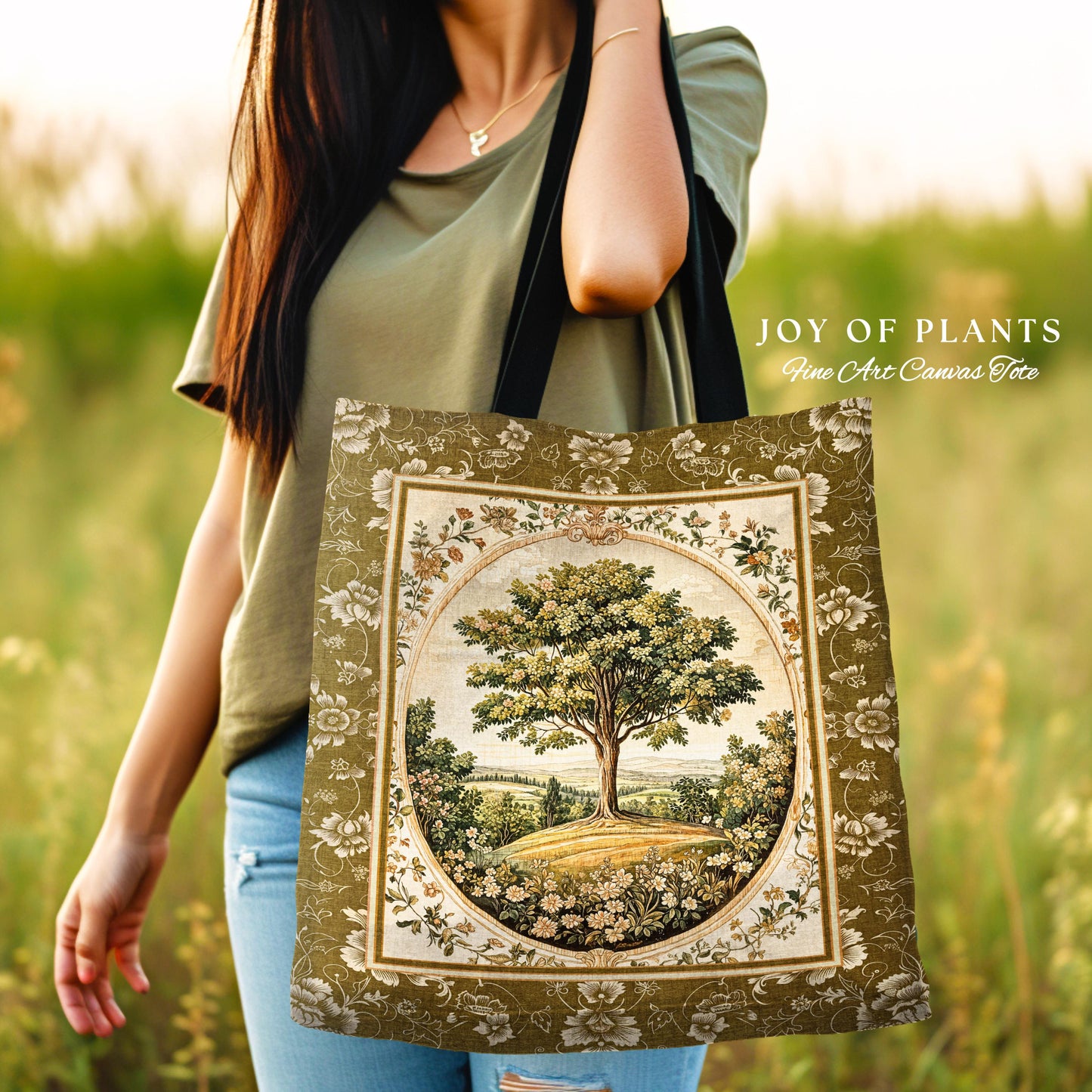 French Countryside Botanical Tree Tote | Victorian Garden Accent Romantic Country Woven Tapestry Bag Floral Pastoral Scene Antique Aesthetic