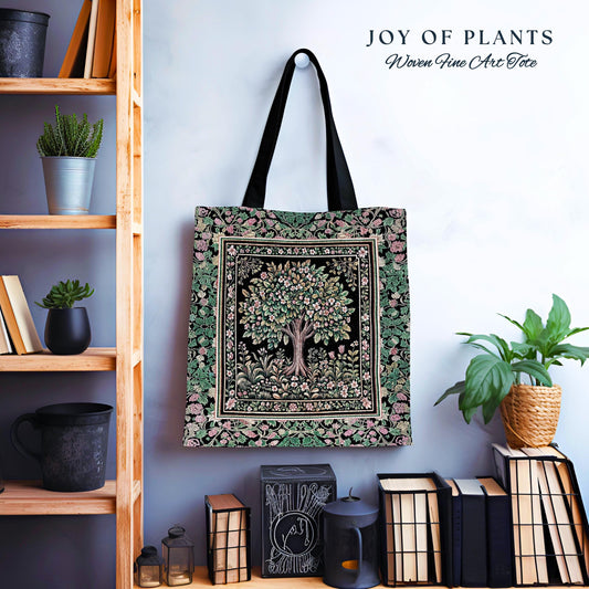 Fairy Garden Tree of Life Tote | Cottagecore Countryside Romantic Floral Landscape Whimsical Chateau Bohemian Botanical Woven Tapestry Bag |