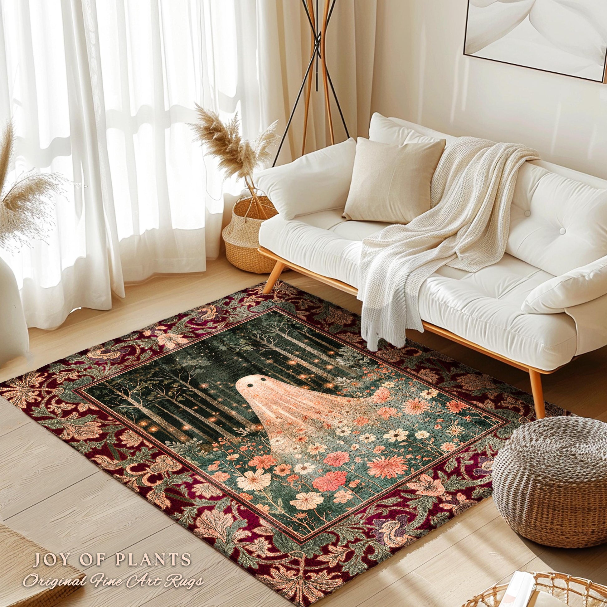 Firefly Forest Ghost Floral Rug | Whimsigoth Spooky Cute Cottagecore Home Decor Accent Decor Botanical Spirit Season Witchy Vintage Nursery