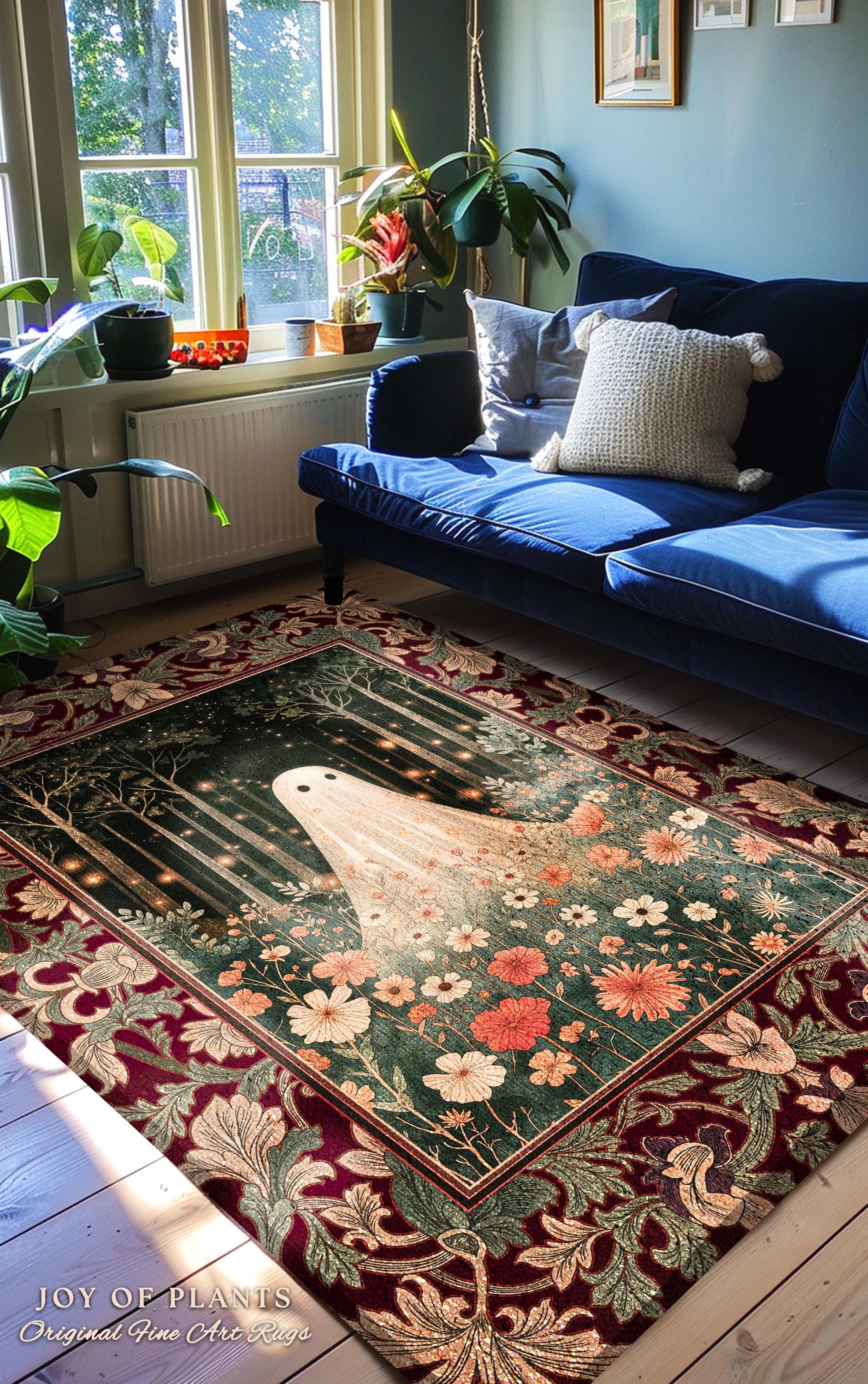 Firefly Forest Ghost Floral Rug | Whimsigoth Spooky Cute Cottagecore Home Decor Accent Decor Botanical Spirit Season Witchy Vintage Nursery