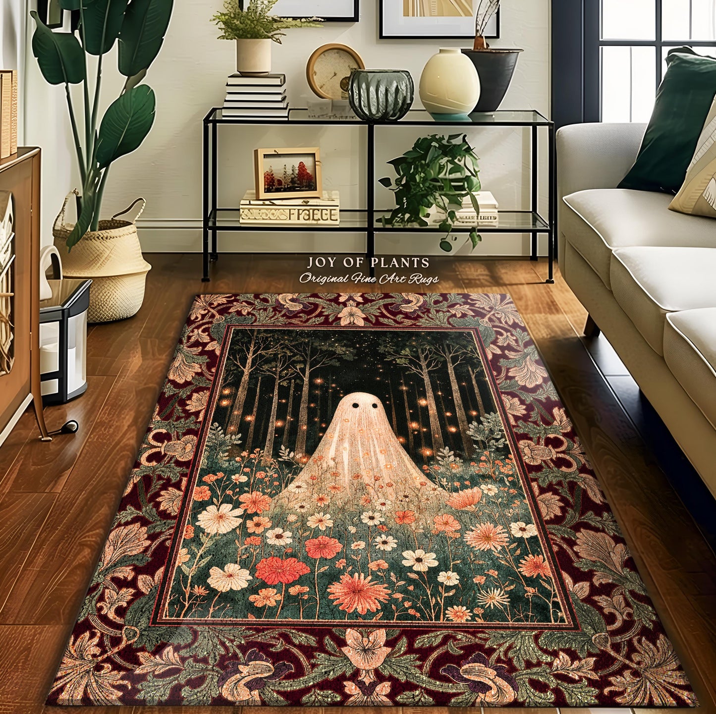 Firefly Forest Ghost Floral Rug | Whimsigoth Spooky Cute Cottagecore Home Decor Accent Decor Botanical Spirit Season Witchy Vintage Nursery