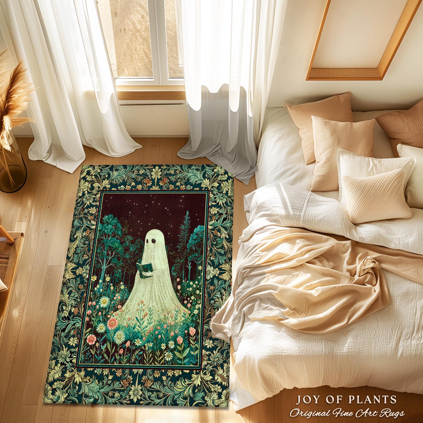 Haunted Book Ghost Accent Rug | Gothic Woven Spooky Cute Decor Halloween Aesthetic Cozy Reading Nook Forest Spirit Botanical Ethereal Style