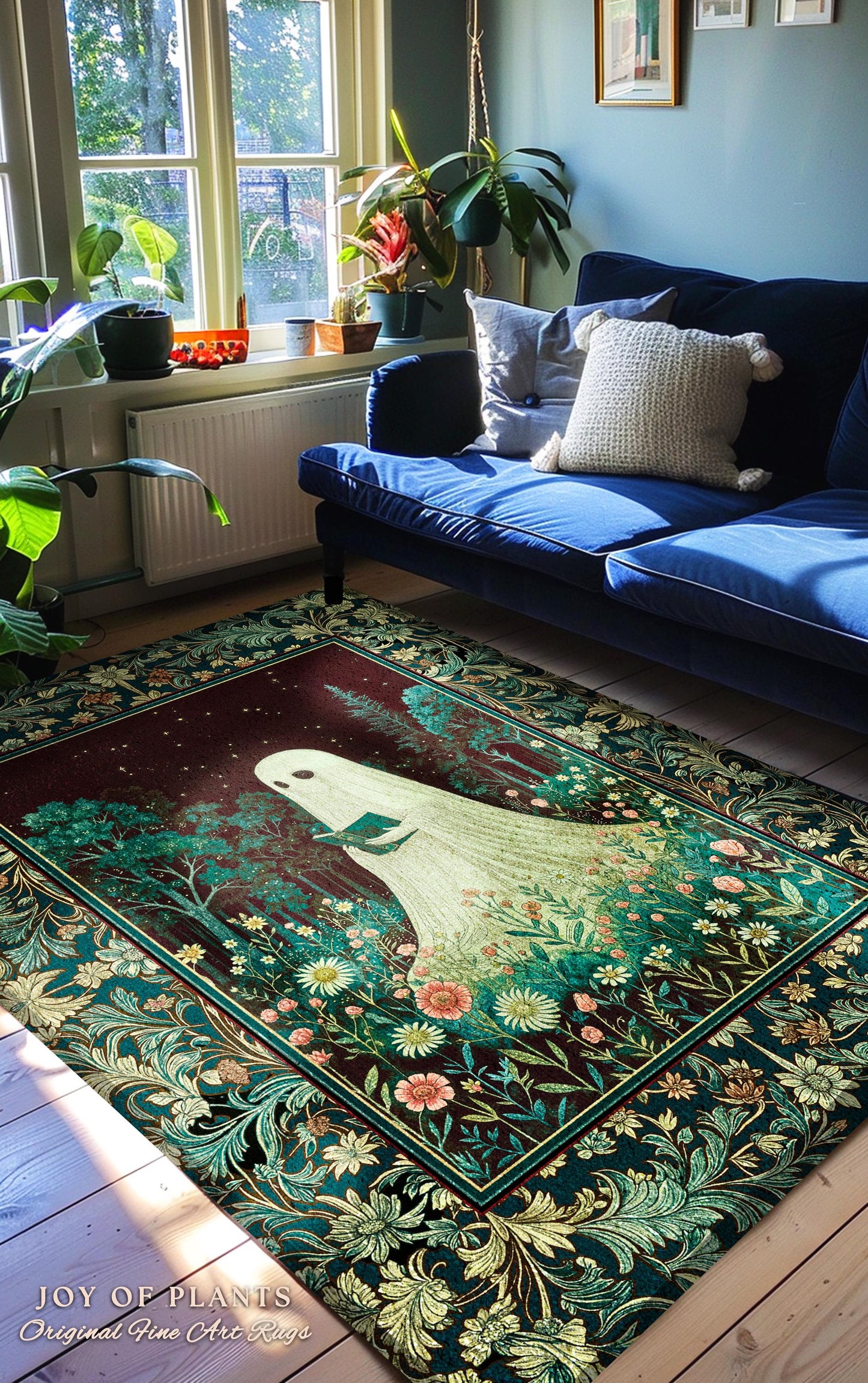 Haunted Book Ghost Accent Rug | Gothic Woven Spooky Cute Decor Halloween Aesthetic Cozy Reading Nook Forest Spirit Botanical Ethereal Style