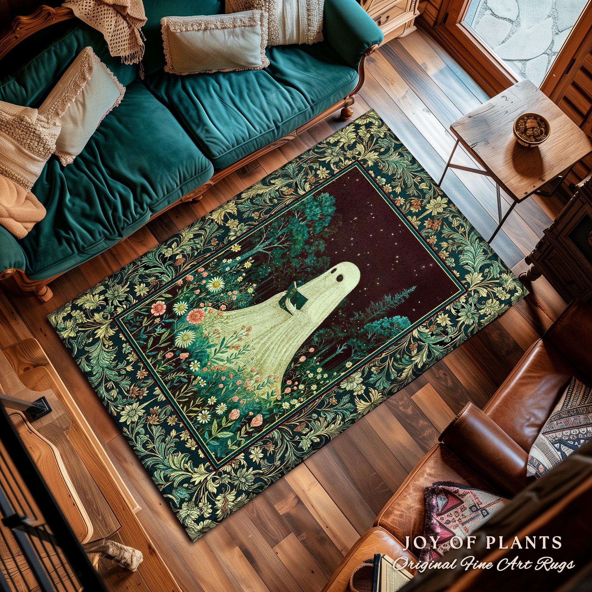 Haunted Book Ghost Accent Rug | Gothic Woven Spooky Cute Decor Halloween Aesthetic Cozy Reading Nook Forest Spirit Botanical Ethereal Style