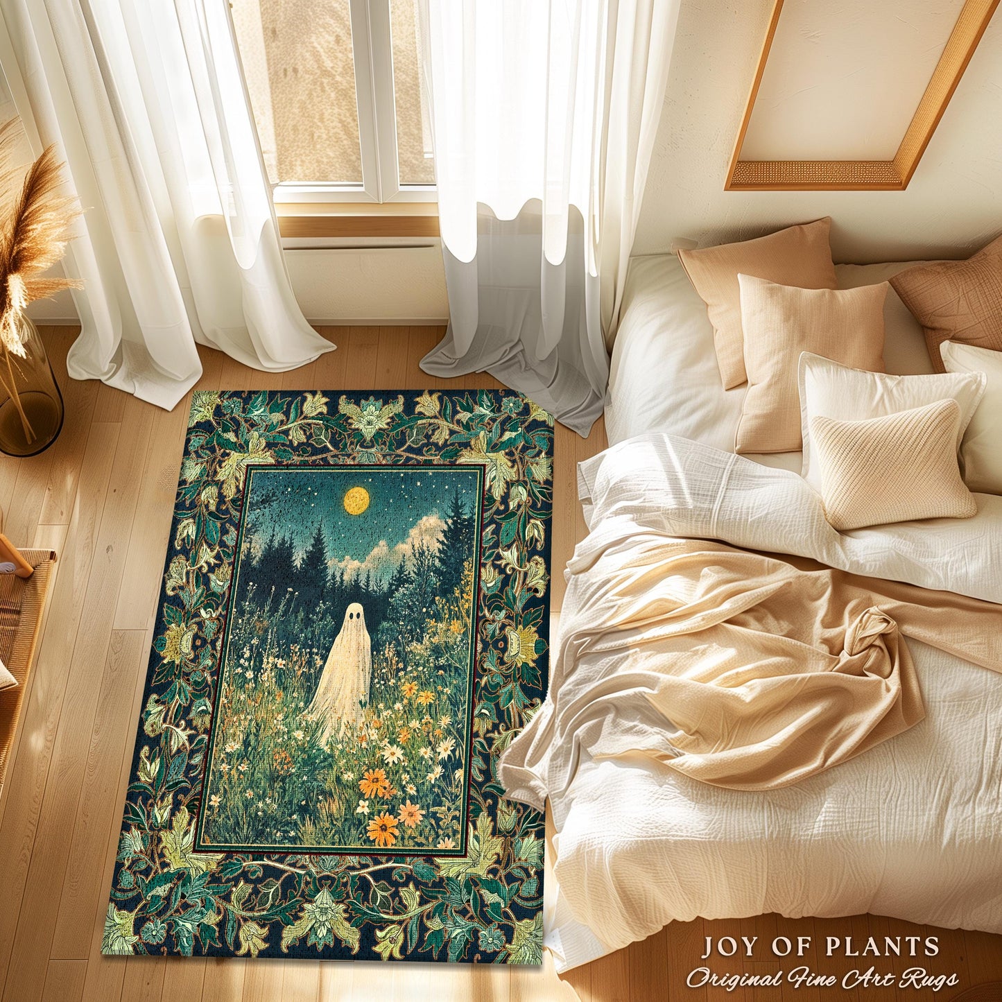 Golden Harvest Moon Ghost Rug | Spooky Vibes Halloween Aesthetic Cute Decor Wildflower Home Decor Cozy Fall Accent Whimsical Botanical Style
