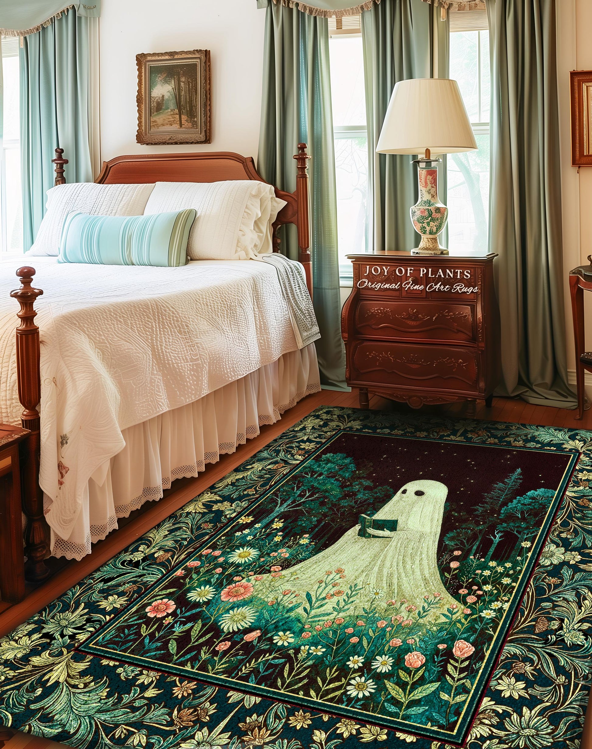 Haunted Book Ghost Accent Rug | Gothic Woven Spooky Cute Decor Halloween Aesthetic Cozy Reading Nook Forest Spirit Botanical Ethereal Style