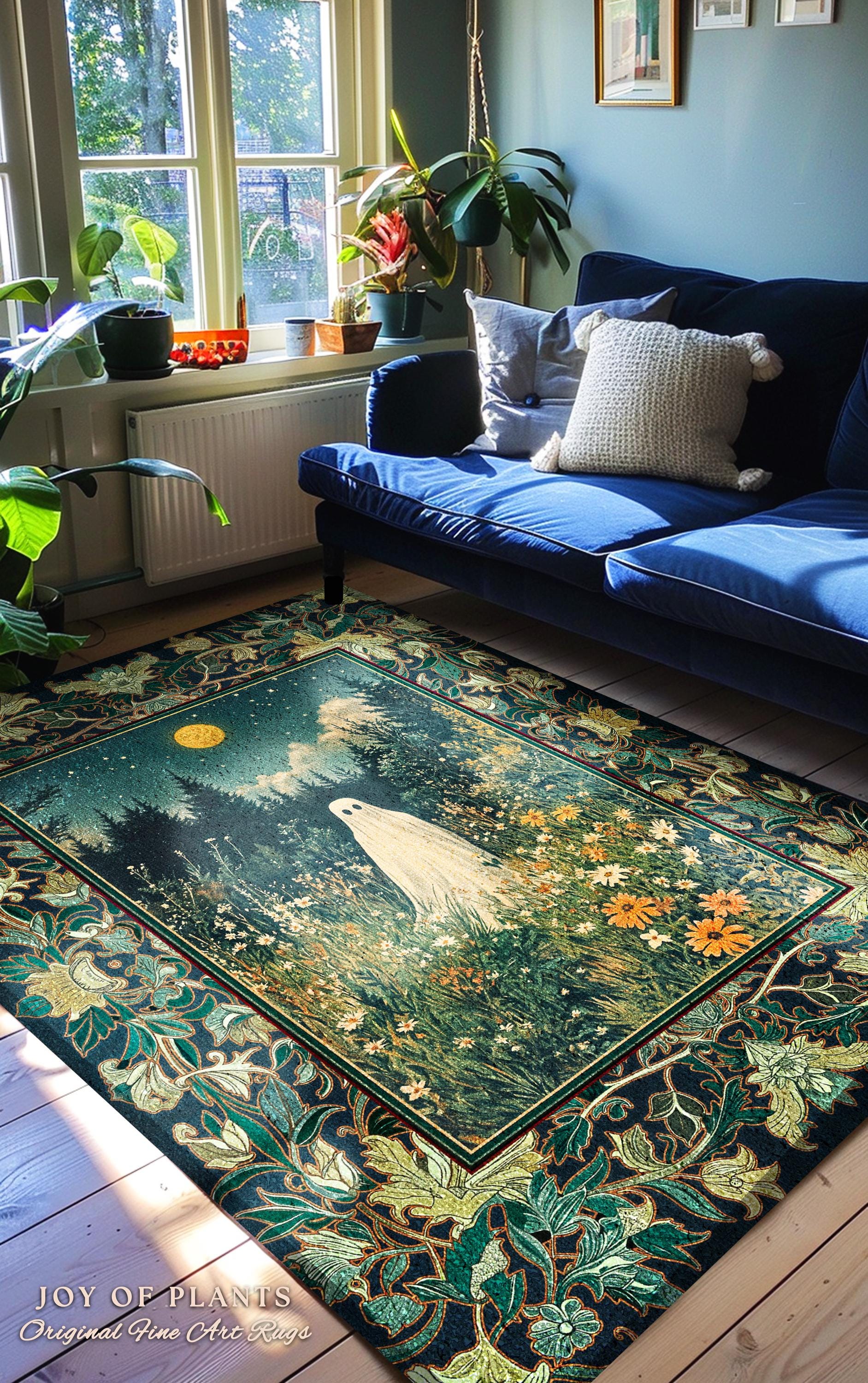 Golden Harvest Moon Ghost Rug | Spooky Vibes Halloween Aesthetic Cute Decor Wildflower Home Decor Cozy Fall Accent Whimsical Botanical Style