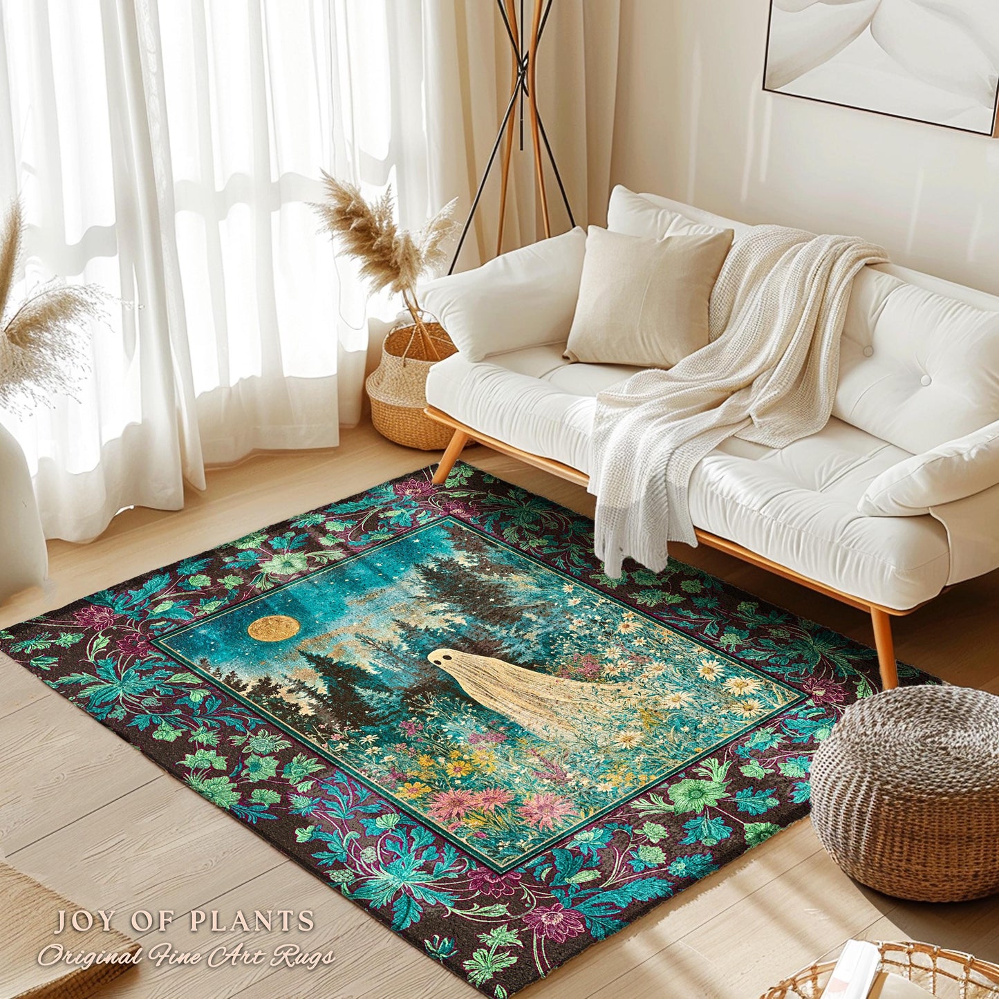 Ghostly Enchantment Wildflower Ghost Rug | Harvest Moon Celestial Magic Gothic Accent Whimsical Cozy Home Decor Botanical Witchy Moonight |