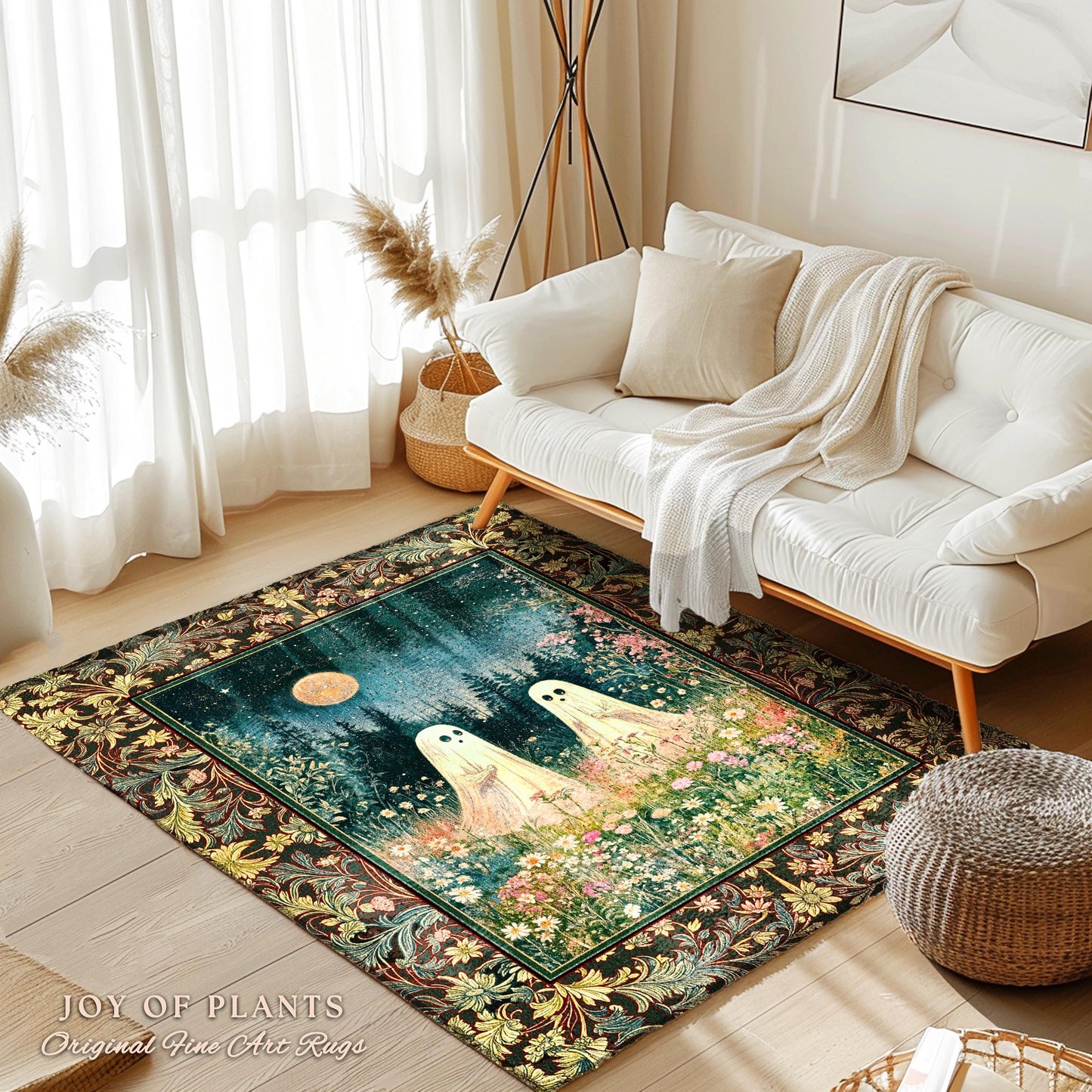 Autumn Spirits Lunar Meadow Ghost Rug | Dark Spirit Accent Spooky Season Cottagecore Decor Gothic Enchantment Floral Blanket Woodland Fairy