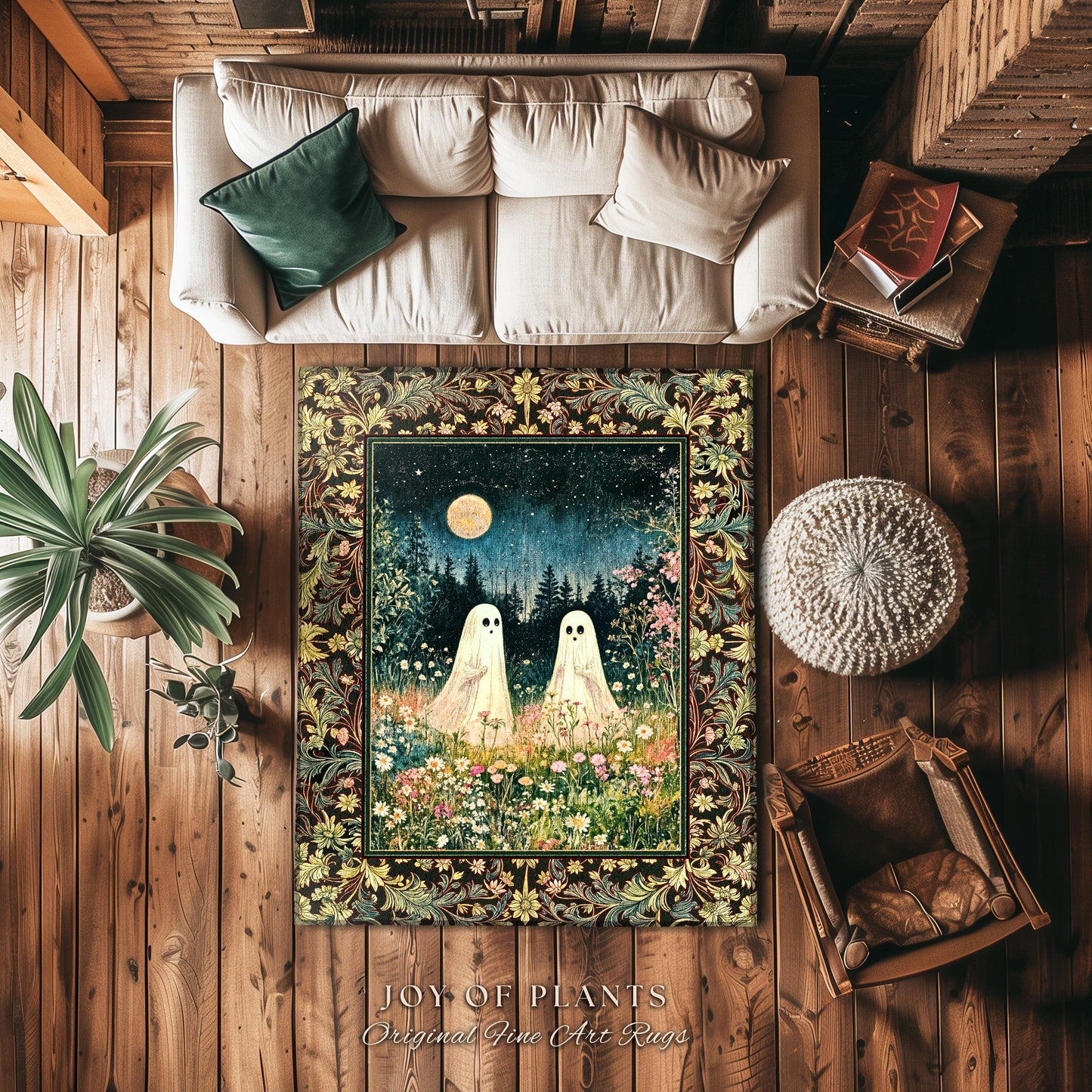 Autumn Spirits Lunar Meadow Ghost Rug | Dark Spirit Accent Spooky Season Cottagecore Decor Gothic Enchantment Floral Blanket Woodland Fairy