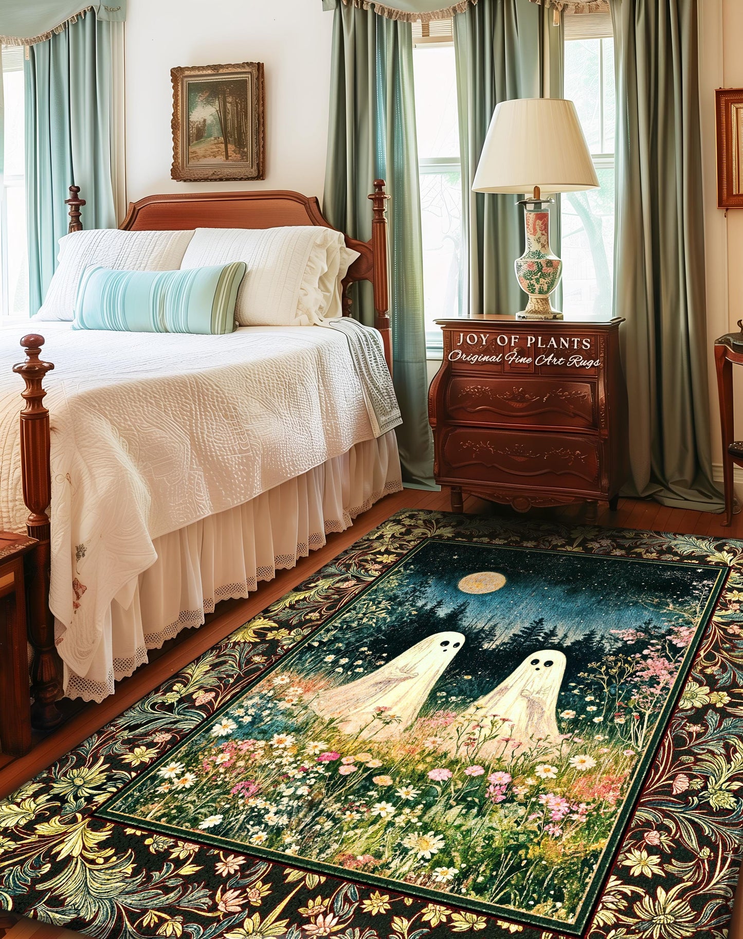 Autumn Spirits Lunar Meadow Ghost Rug | Dark Spirit Accent Spooky Season Cottagecore Decor Gothic Enchantment Floral Blanket Woodland Fairy
