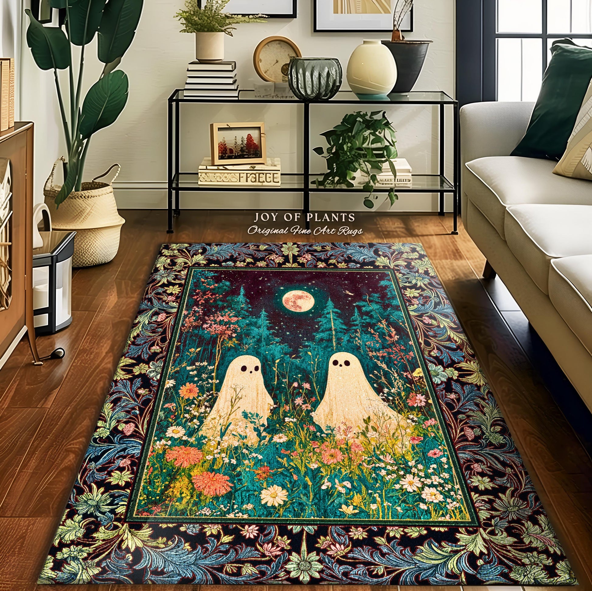 Eclectic Moonlit Wildflower Spirit Rug | Starry Sky Home Accent Ghost Halloween Decor Autumn Whimsical Floral Gothic Garden Throw Celestial