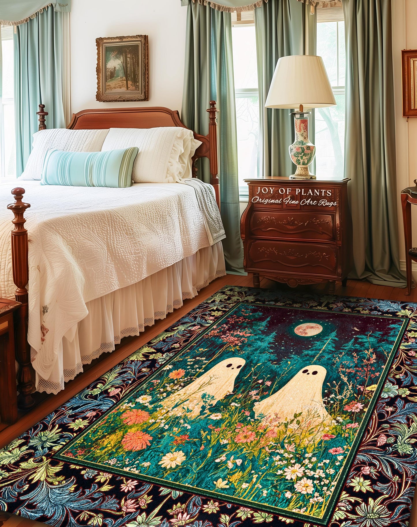 Eclectic Moonlit Wildflower Spirit Rug | Starry Sky Home Accent Ghost Halloween Decor Autumn Whimsical Floral Gothic Garden Throw Celestial