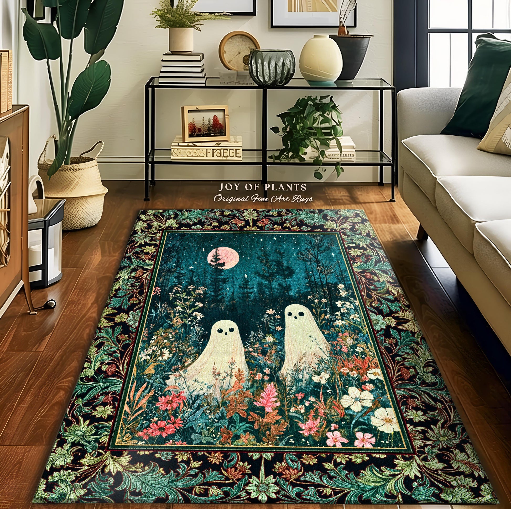 Ghost Friends Wildflower Moon Area Rug | Cute Whimsigothic Decoration Spooky Vibes Haunted Forest Cottagecore Decor Artistic Botanical Cozy