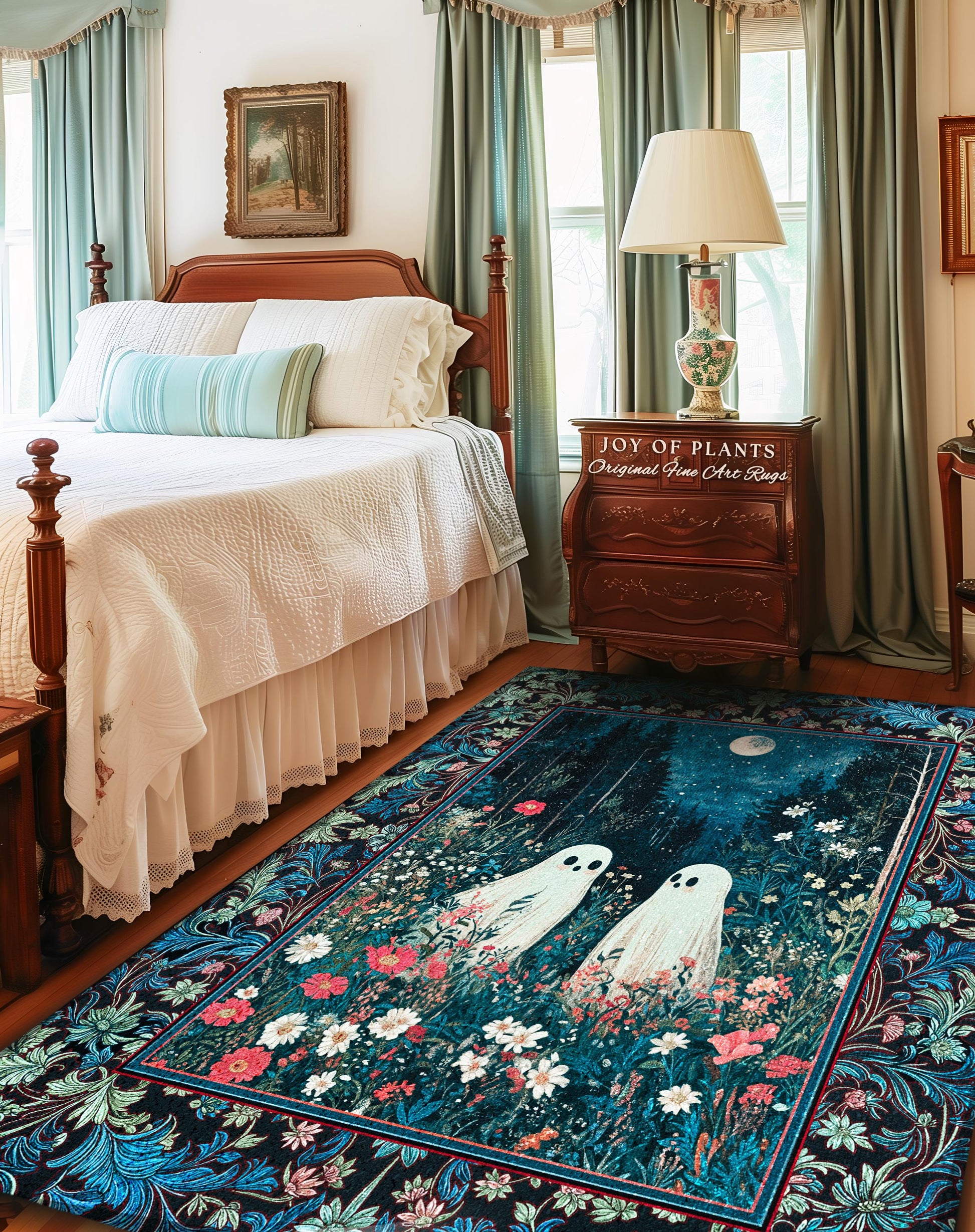 Moody Midnight Blue Ghosts Area Rug | Woven Cottagecore Halloween Floral Ghost Witchy Accent Cozy Fall Gothic Home Decor Moonlit Forest Art